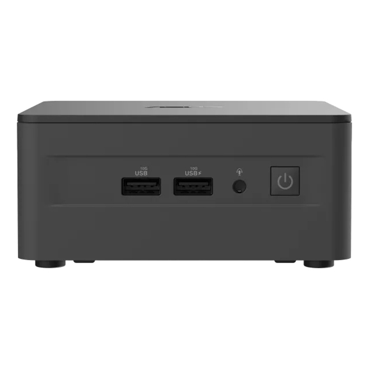 Un mini PC gris oscuro con puertos USB, una toma de auriculares y un botón de encendido en la parte frontal.