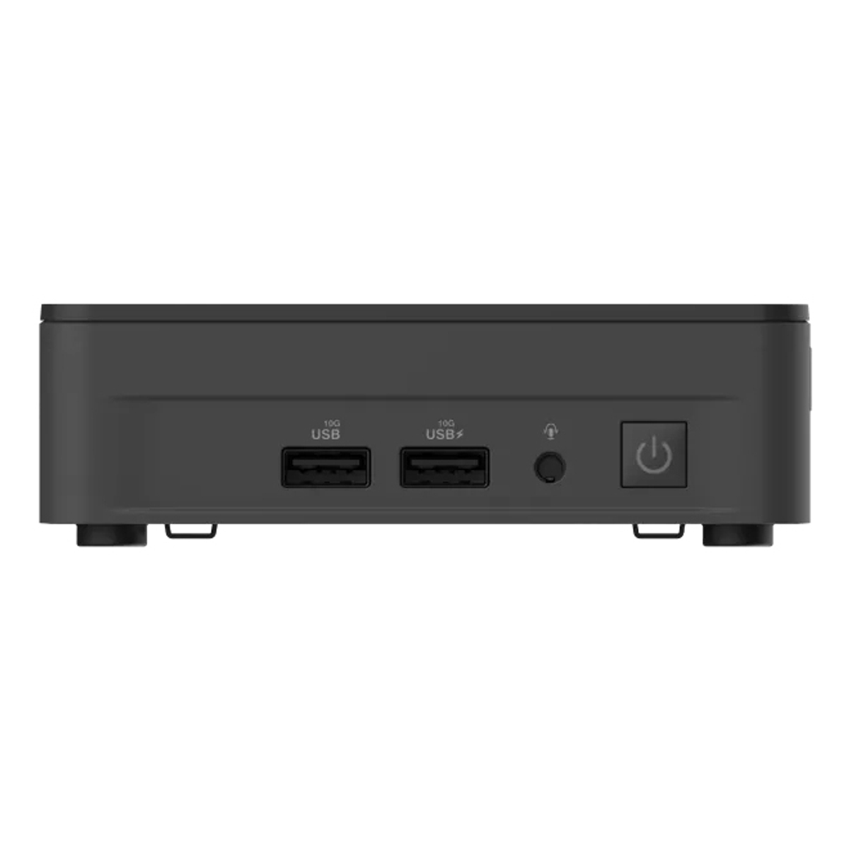 Mini PC negro con puertos USB, un botón de encendido y una toma para auriculares.