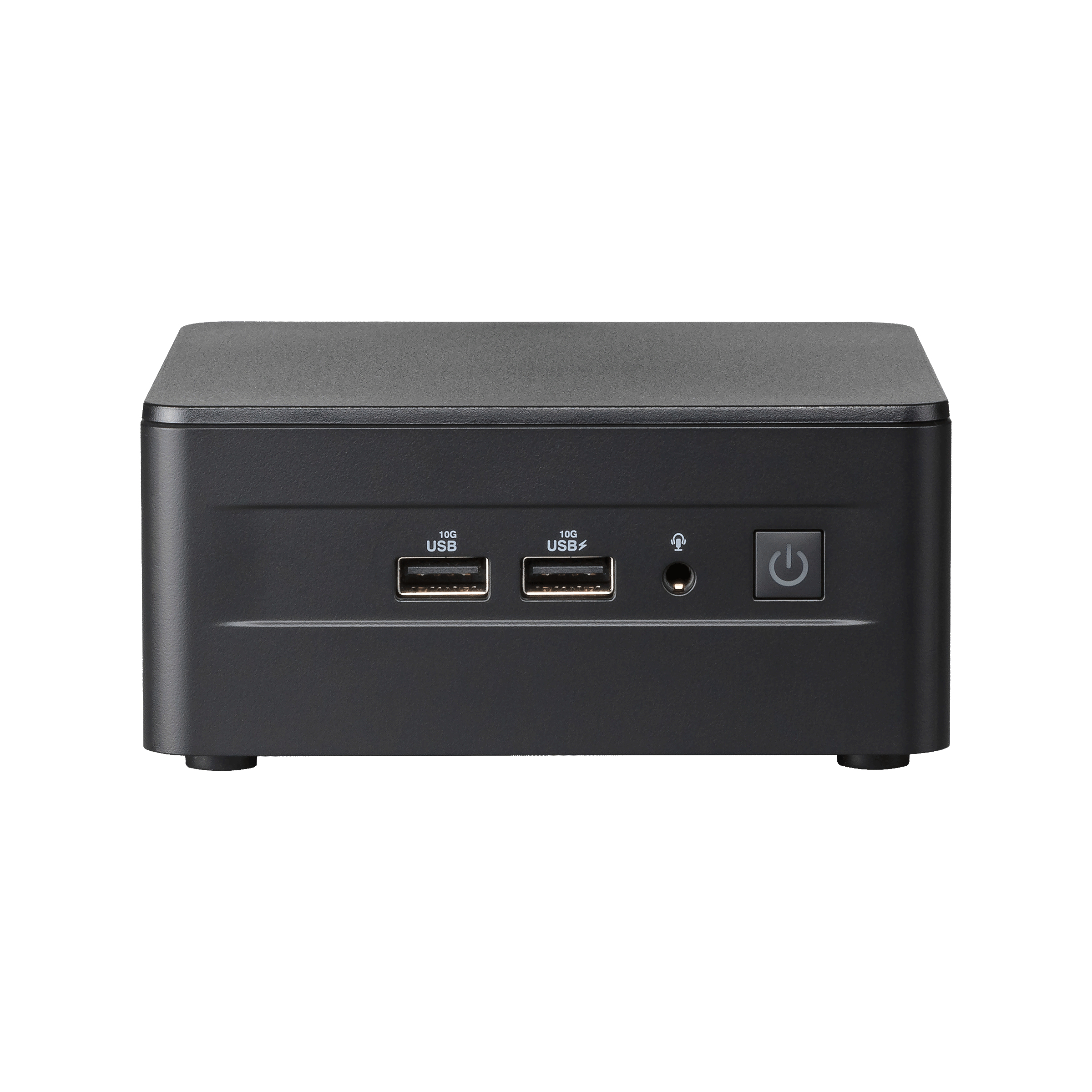 Vista frontal de un mini ordenador negro con puertos USB y botón de encendido.