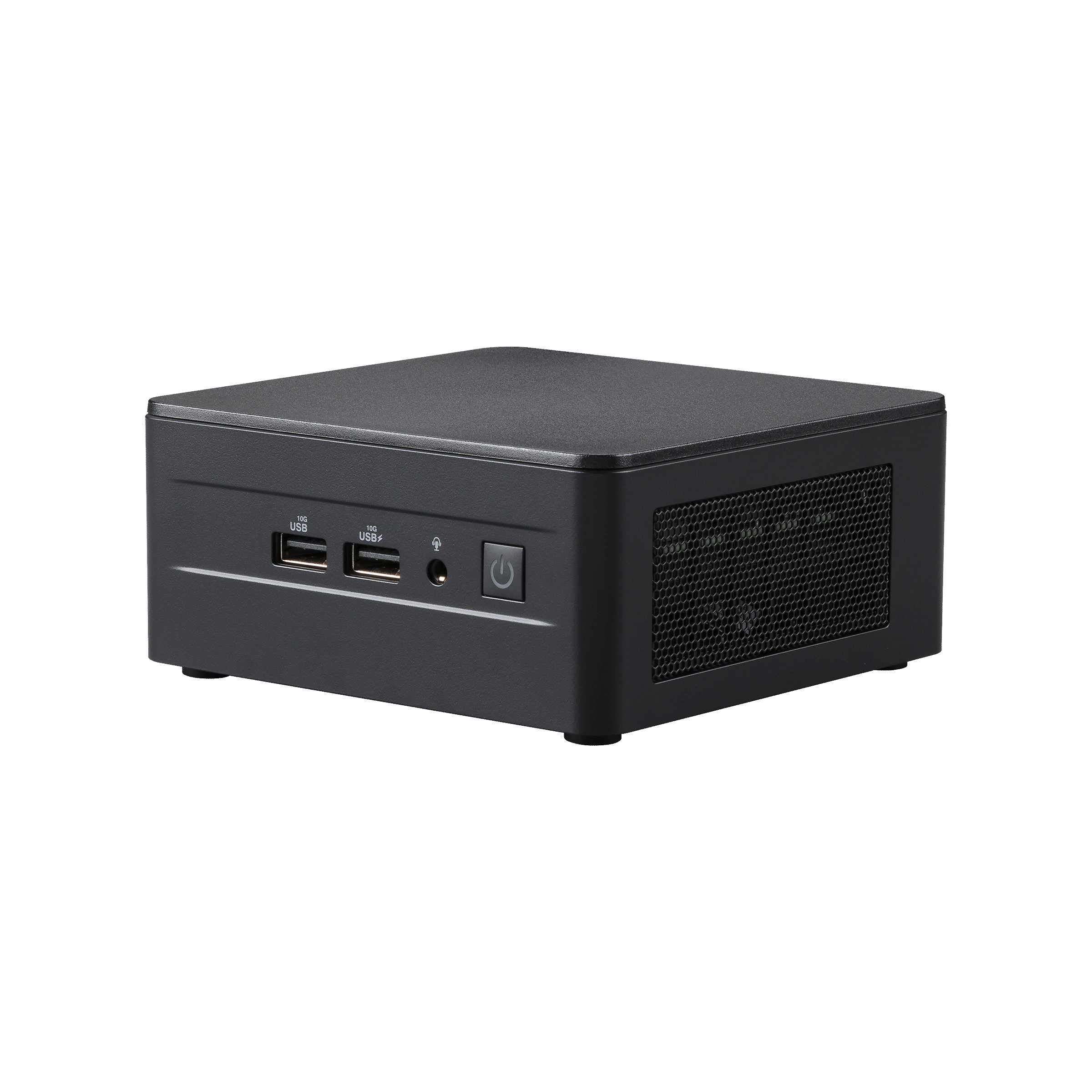 Un mini ordenador negro sobre fondo blanco, con puertos USB y botón de encendido.