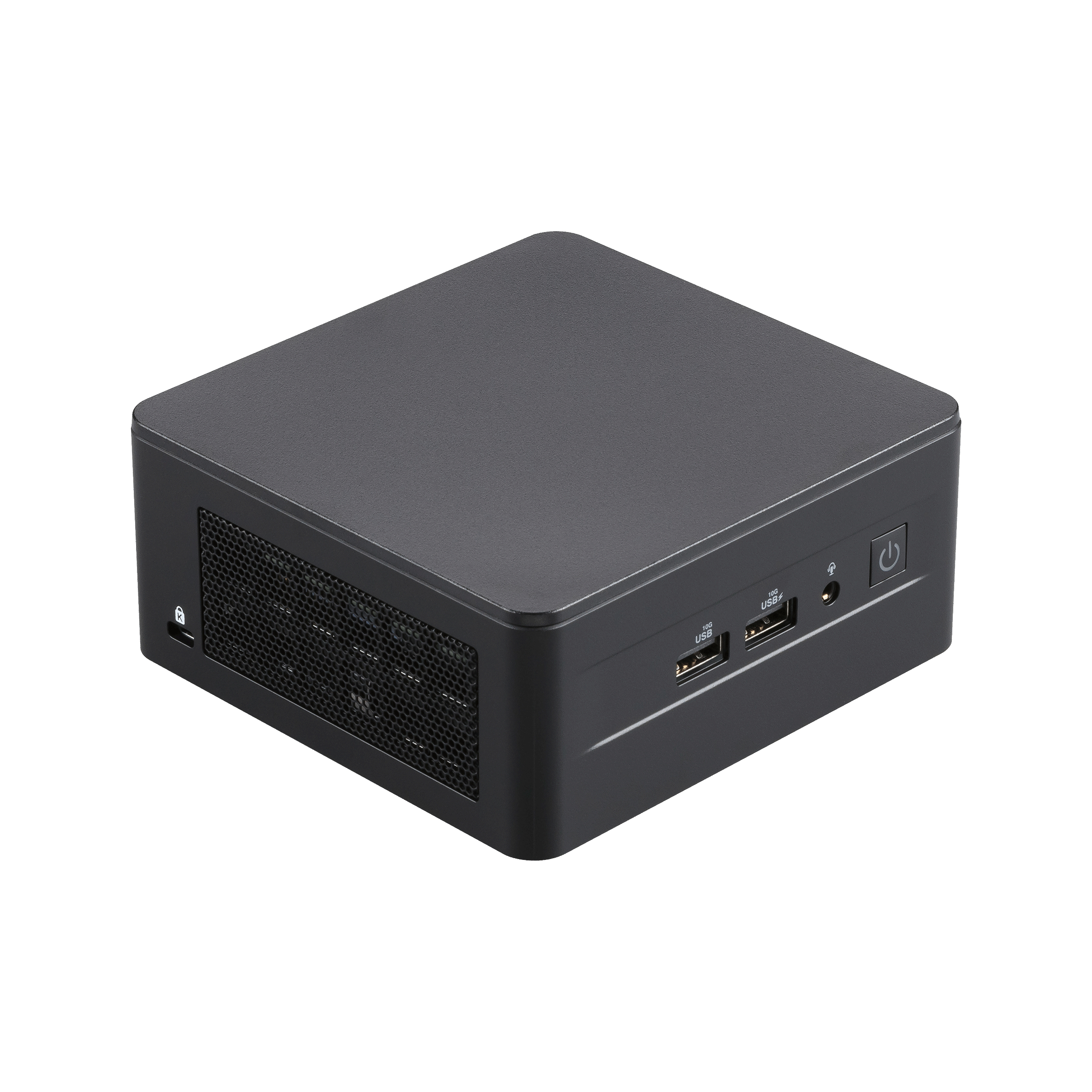 Un miniordenador negro, pequeño y rectangular, con un botón de encendido y puertos USB.