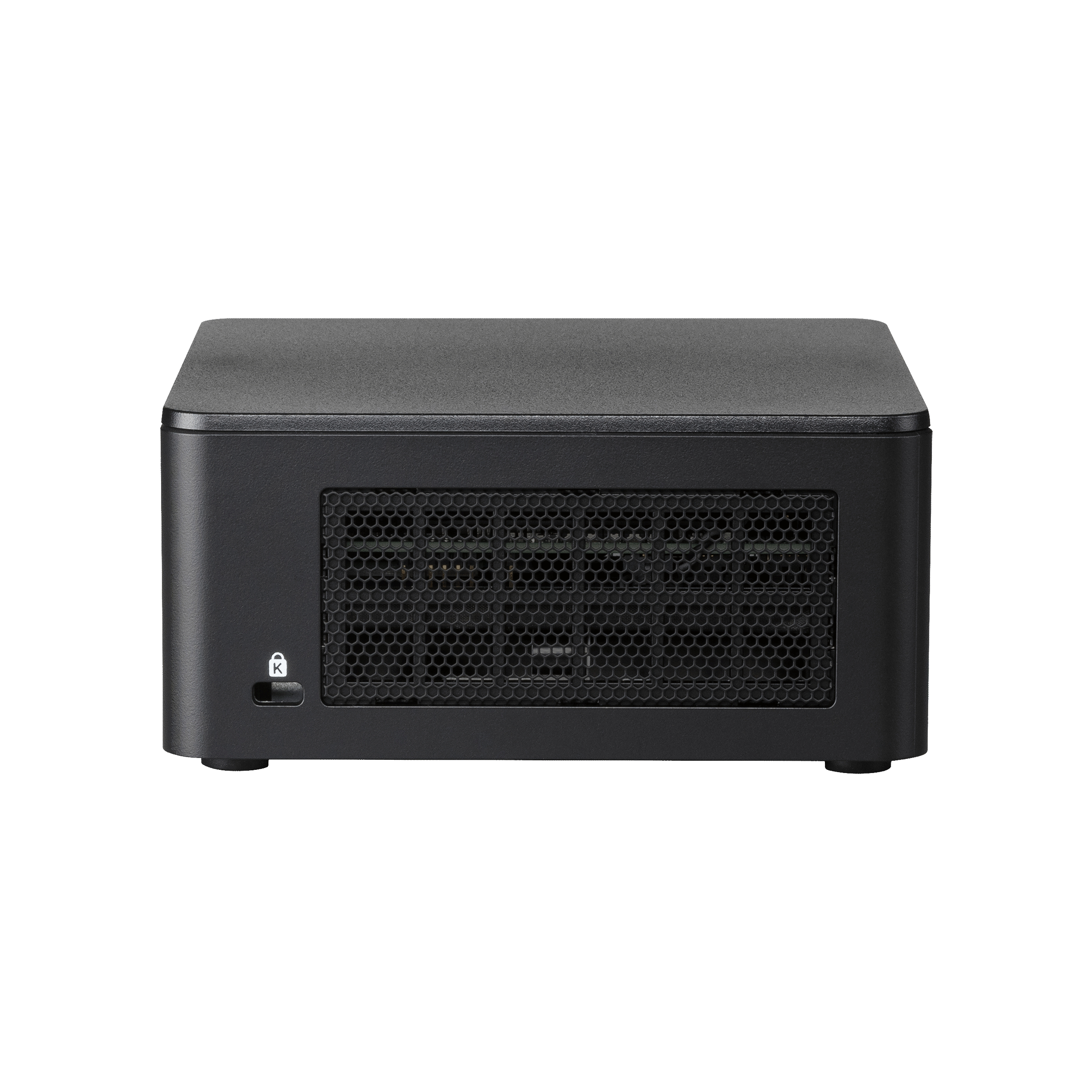 Miniordenador negro. Vista frontal, mostrando una rejilla de ventilación y un símbolo de bloqueo de seguridad.