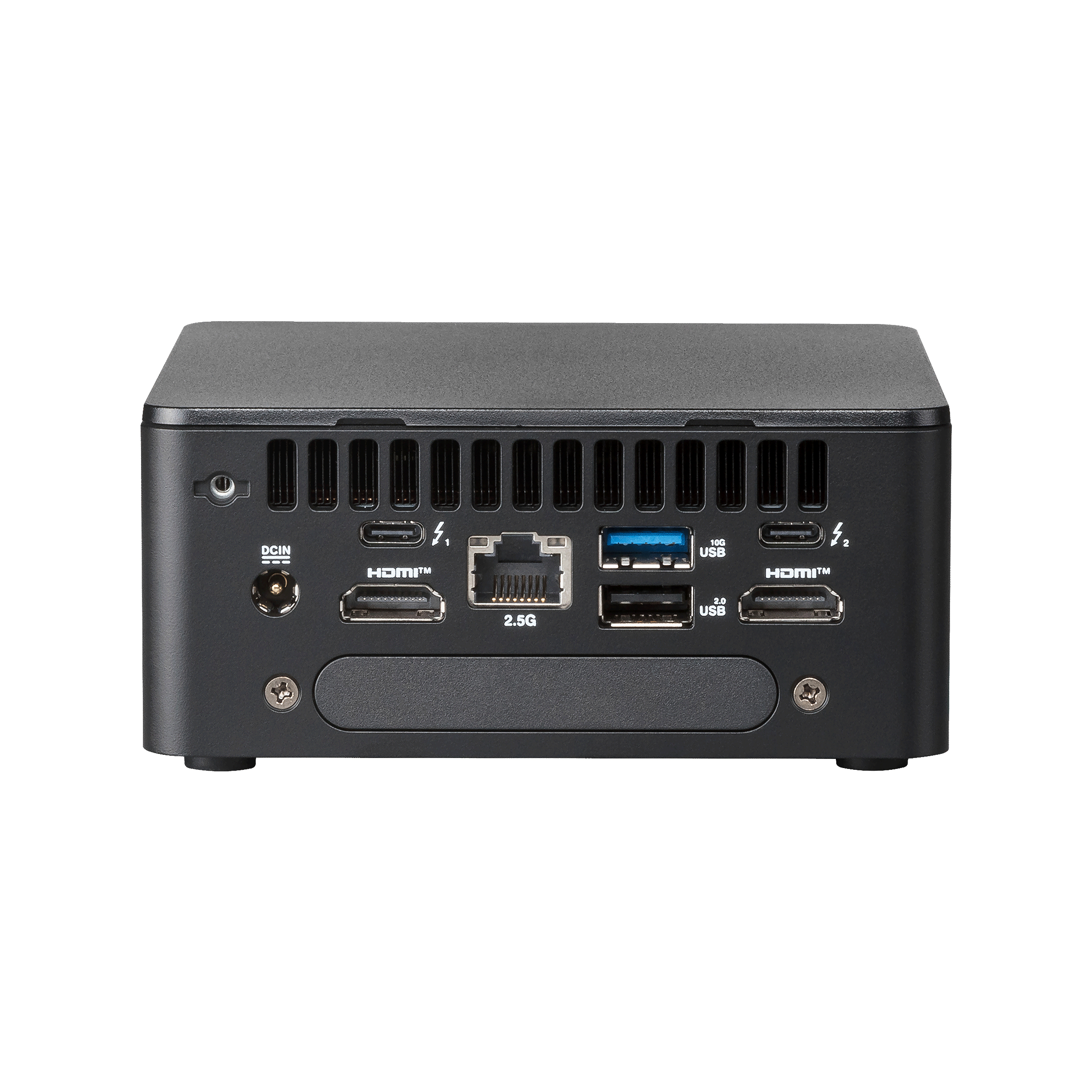 Mini PC negro. Los puertos incluyen DCIN, HDMI, Ethernet, USB y USB-C. La marca no es visible.