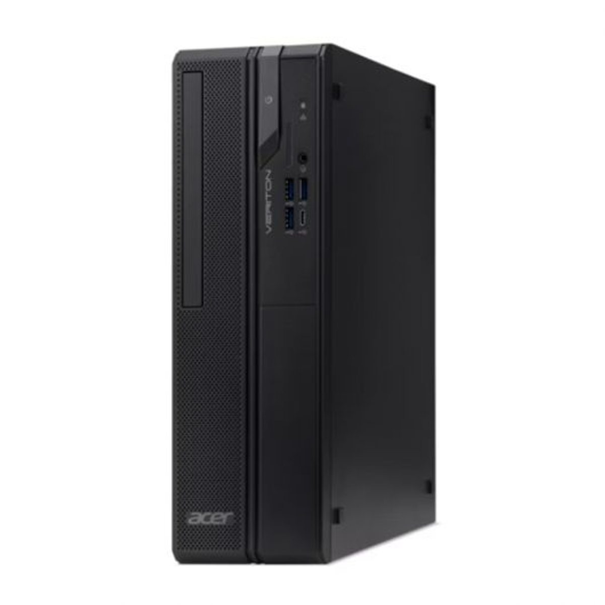 Czarny komputer stacjonarny Acer Veriton, wyświetlany na białym tle.