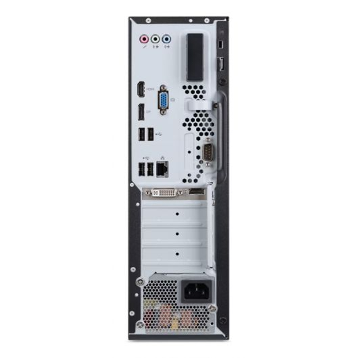 Widok z tyłu obudowy komputera z różnymi portami i połączeniami, na białym tle.