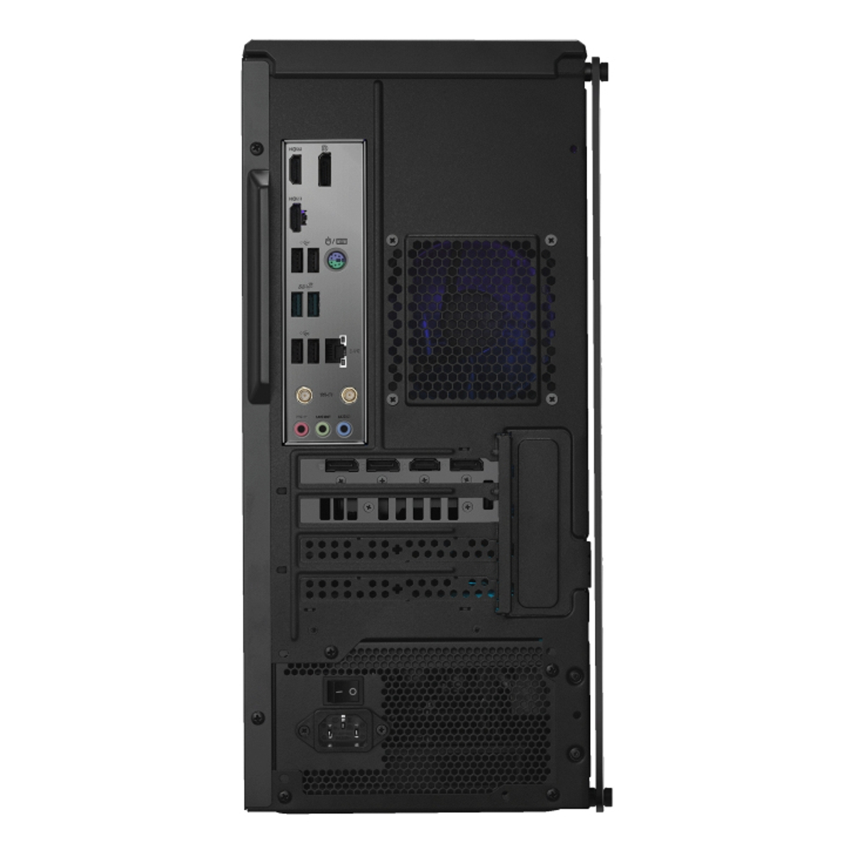 Panel trasero de caja de ordenador negro con varios puertos, ventilador y fuente de alimentación.