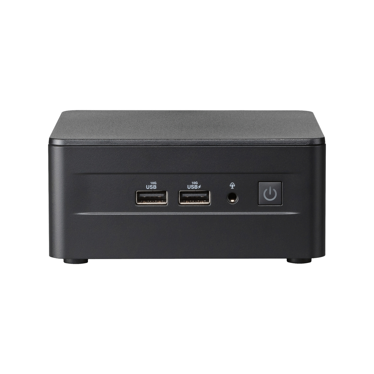 Mini PC nero con porte USB e pulsante di accensione frontale.
