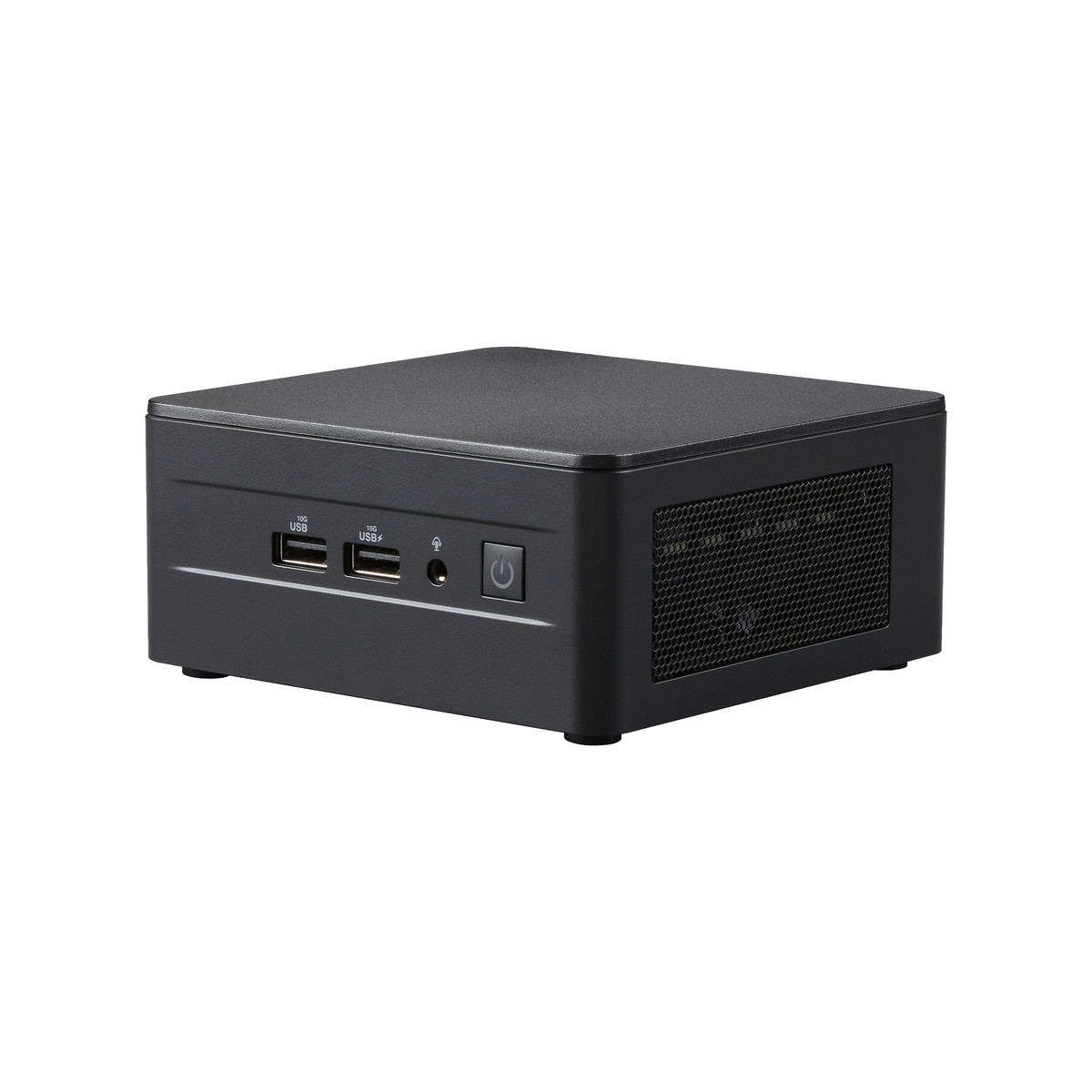 Un piccolo mini-computer nero con porte e un pulsante di accensione sul davanti.