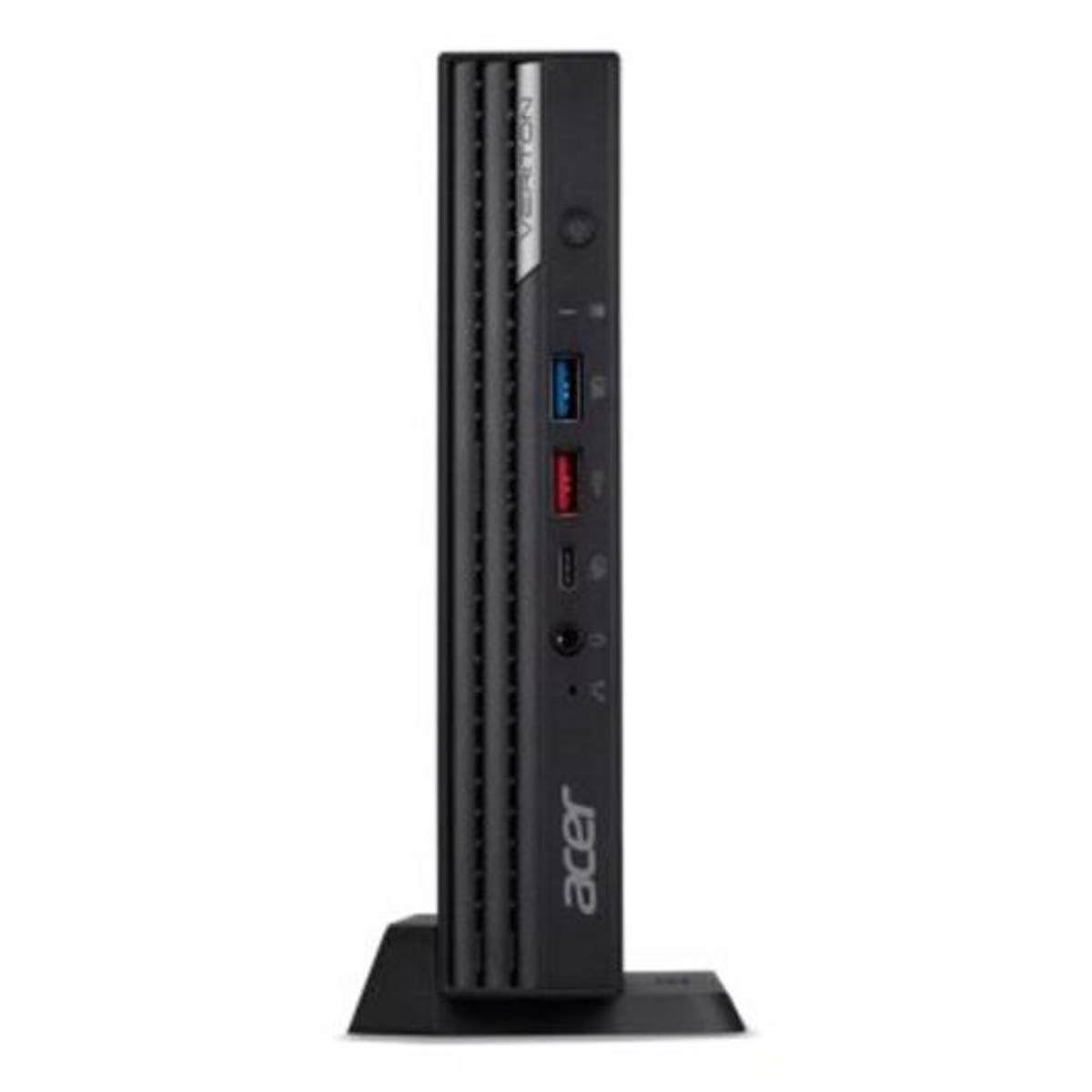 Una torre de computadora Acer Veriton negra. Está de pie verticalmente. La torre tiene puertos USB y un logotipo Acer.