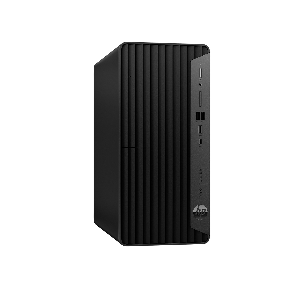 PC negro HP Pro Tower. Vista frontal, con líneas verticales en el frontal.
