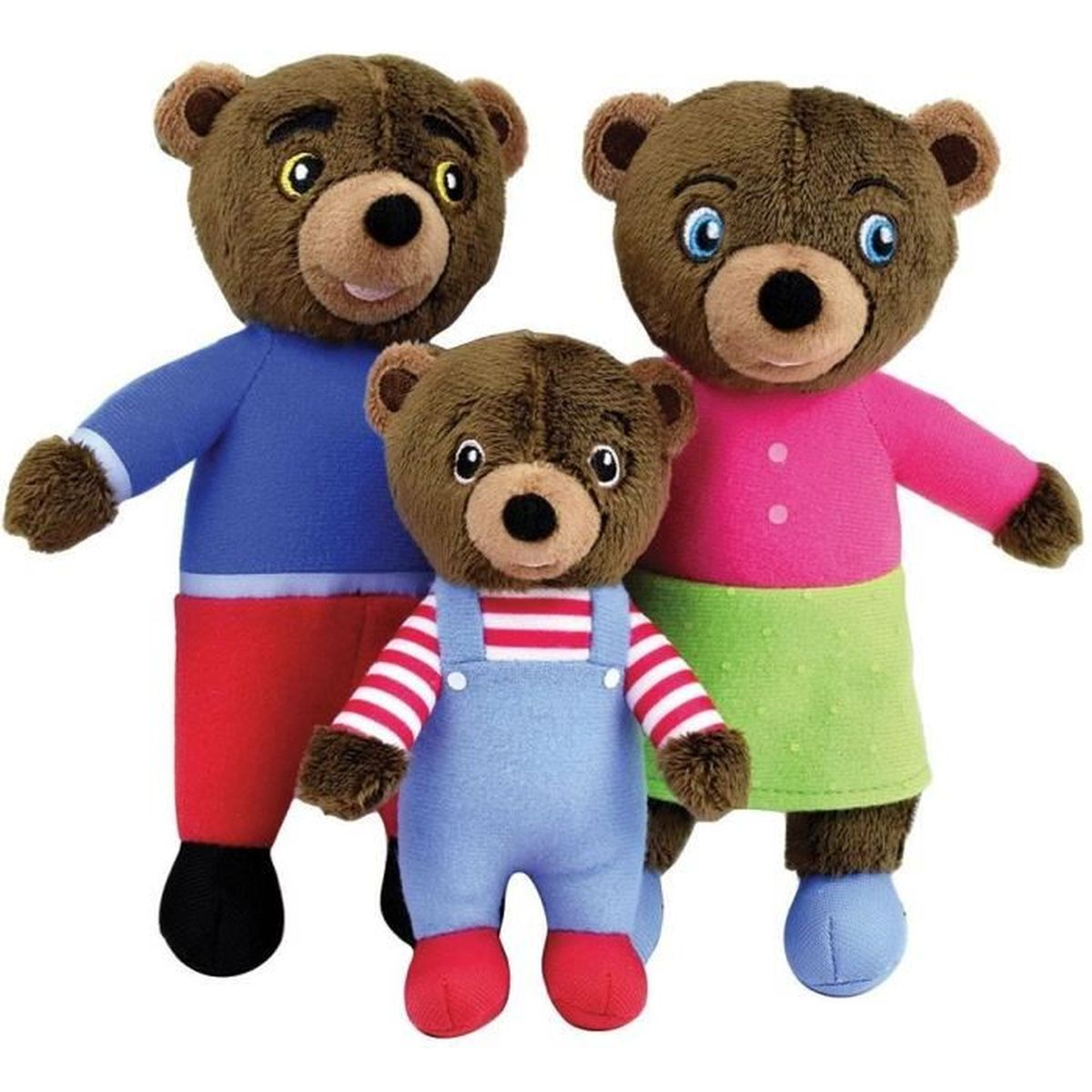 Drei Teddybären. Einer klein in Latzhose. Zwei größere, einer blau-rot, einer rosa-grün.