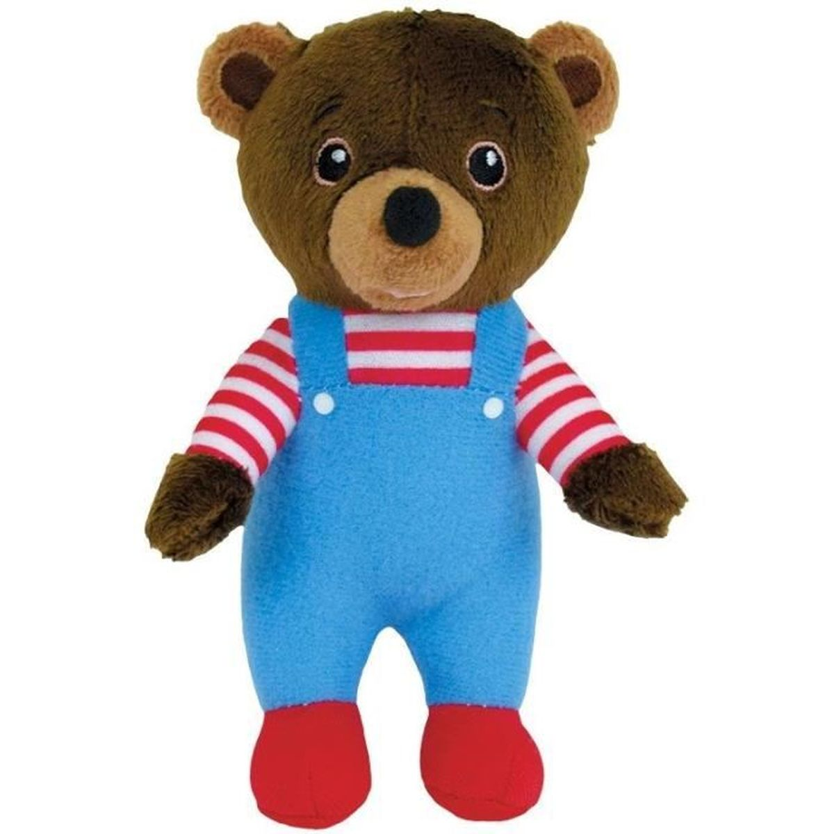 Ein braunes Teddybär-Spielzeug mit blauen Latzhosen und einem rot-weiß gestreiften Hemd.