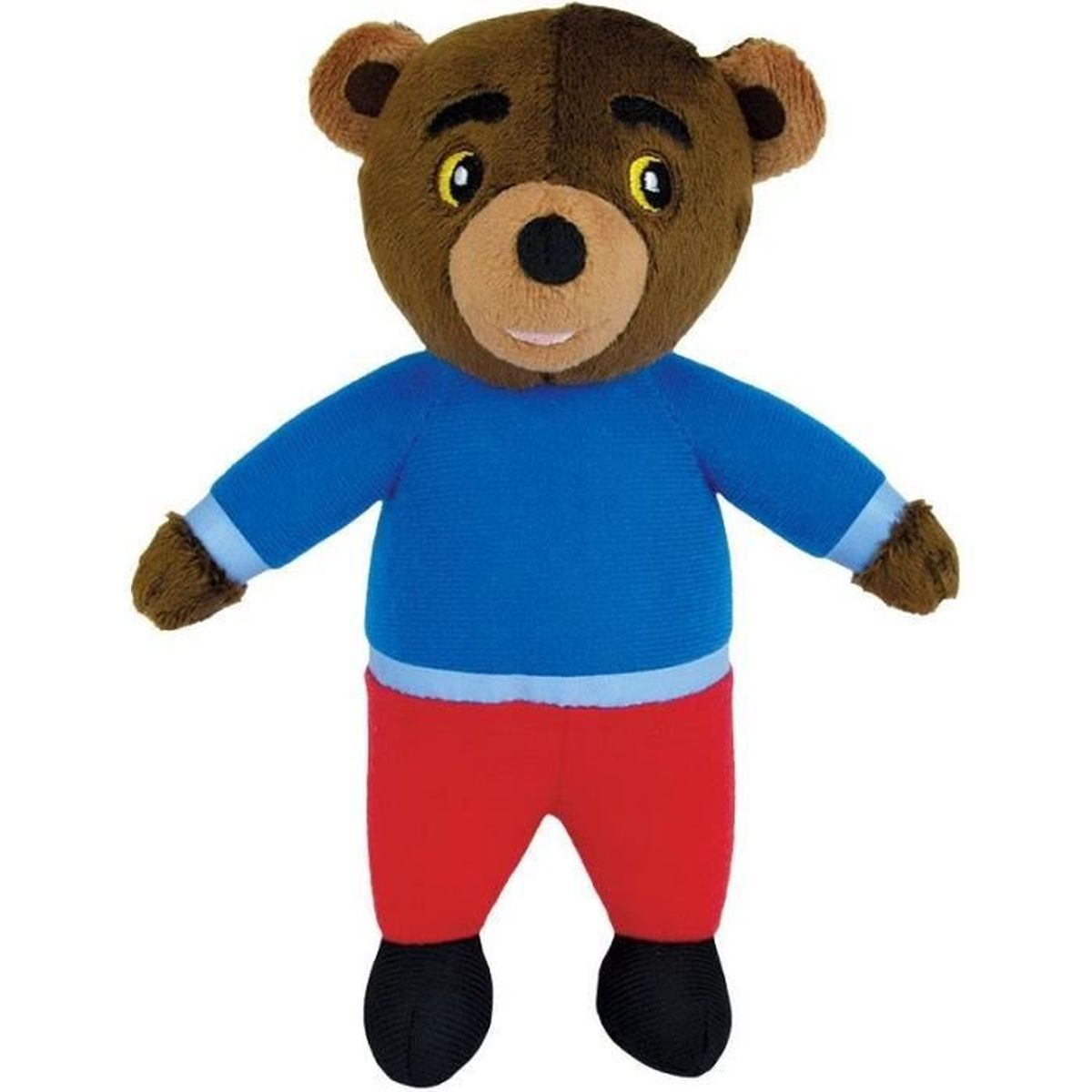 Ein braunes Teddybär-Plüschtier mit blauem Pullover und roter Hose, nach vorne gerichtet vor weißem Hintergrund.