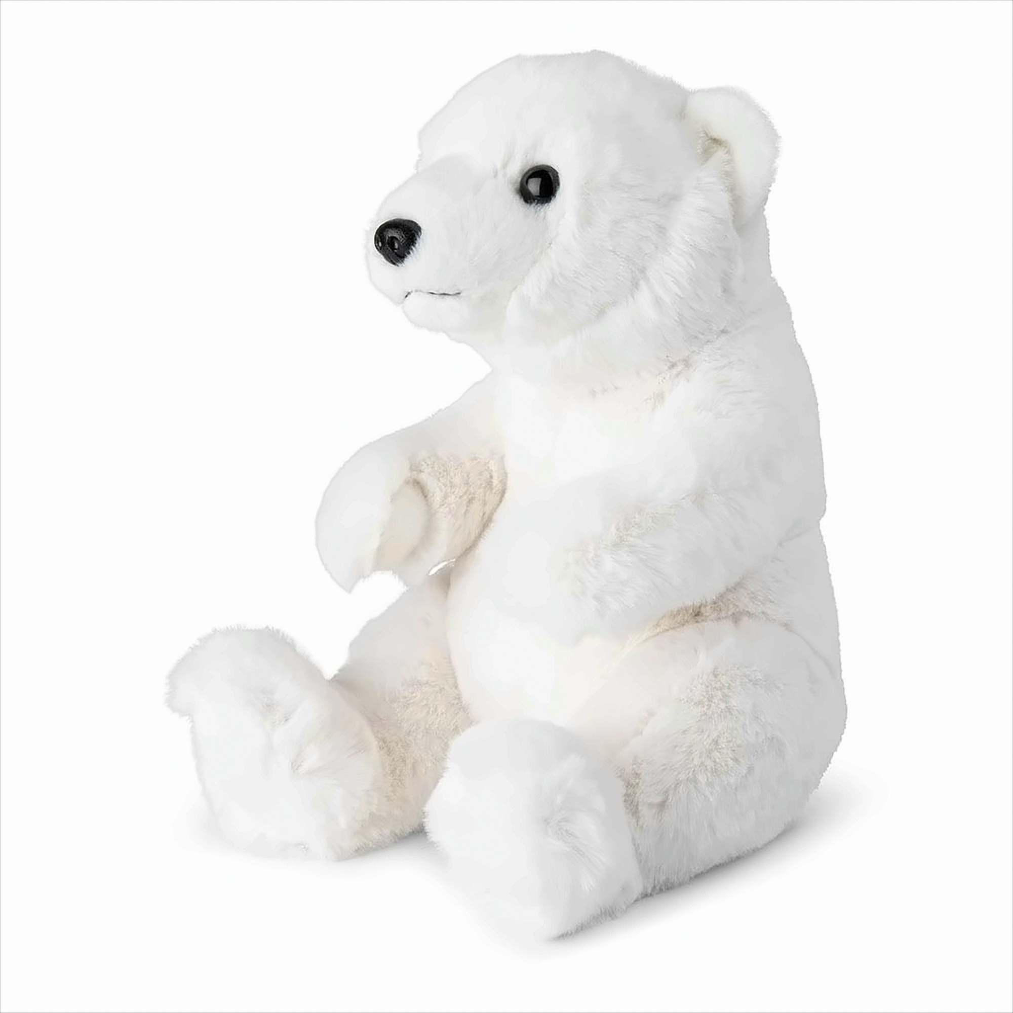Weißes Plüsch-Eisbär-Spielzeug, das sitzt, mit schwarzen Augen und Nase.