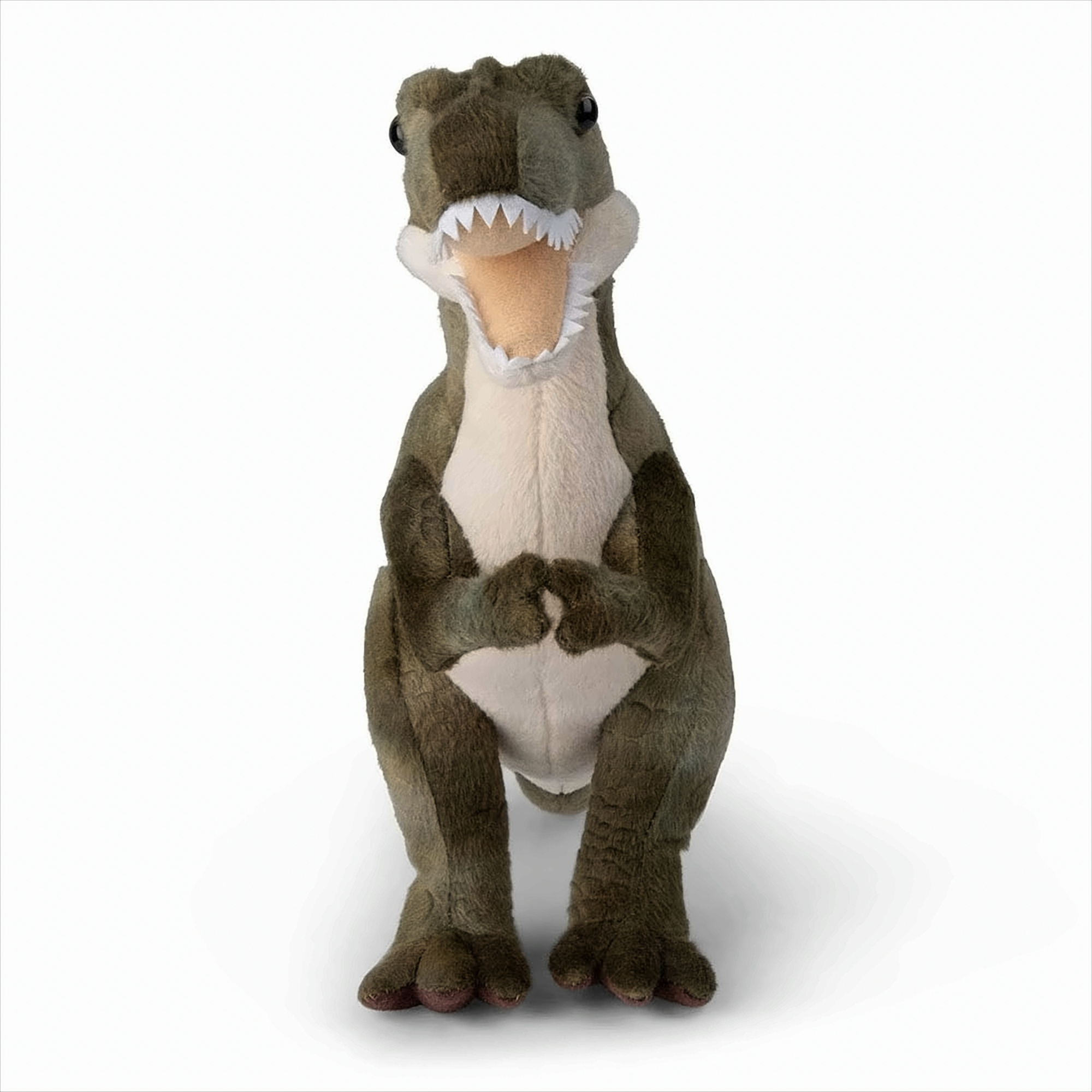 Ein Stofftier-Dinosaurier, grün und beige, vor weißem Hintergrund, Mund offen.