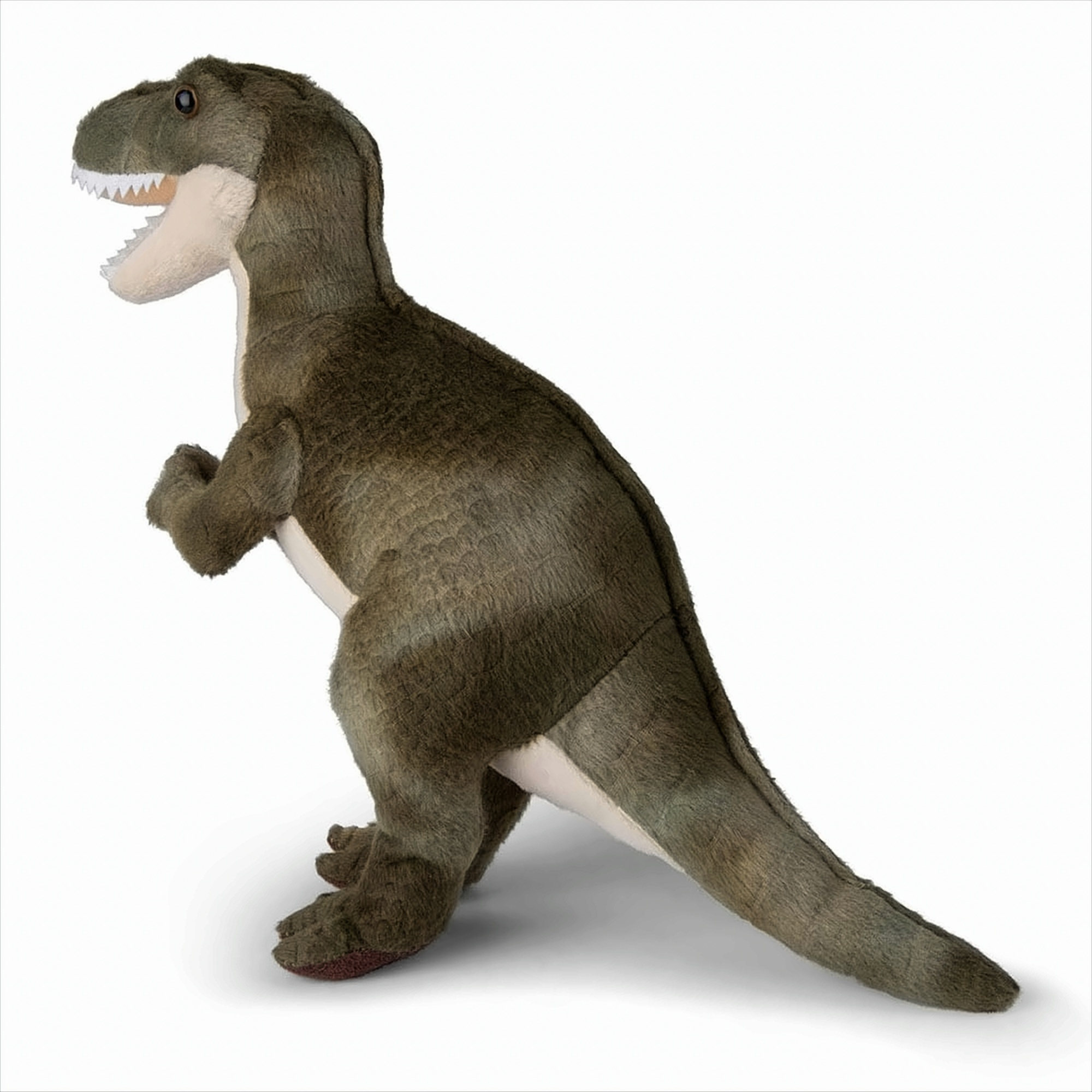 Ein grünes und braunes Plüschtier Tyrannosaurus Rex auf weißem Hintergrund.