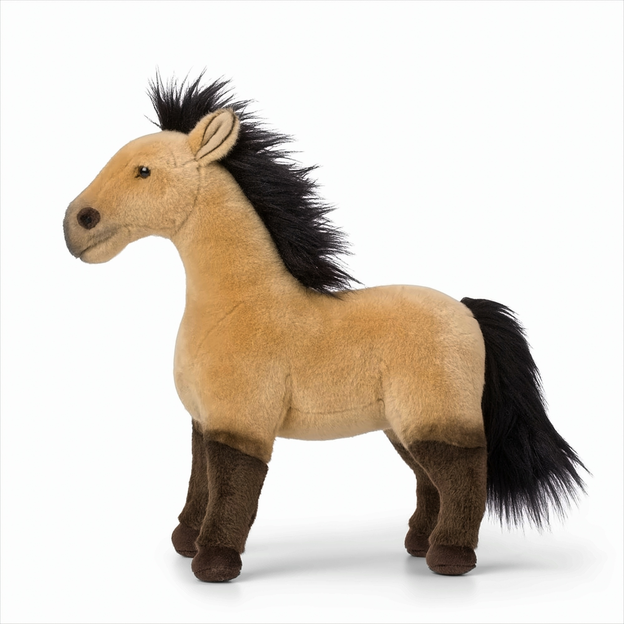 Juguete de peluche de caballo. Cuerpo tostado, crin y cola negros y patas marrones.