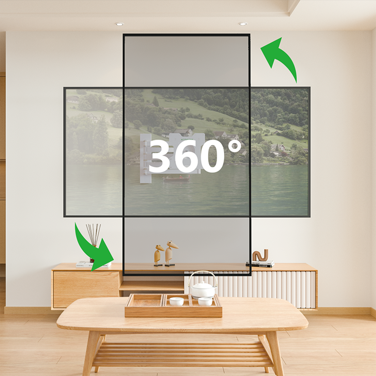 An der Wand montierter Fernseher mit Seelandschaft. Pfeile zeigen 360°-Ansicht. Holztisch und Schrank im Vordergrund.