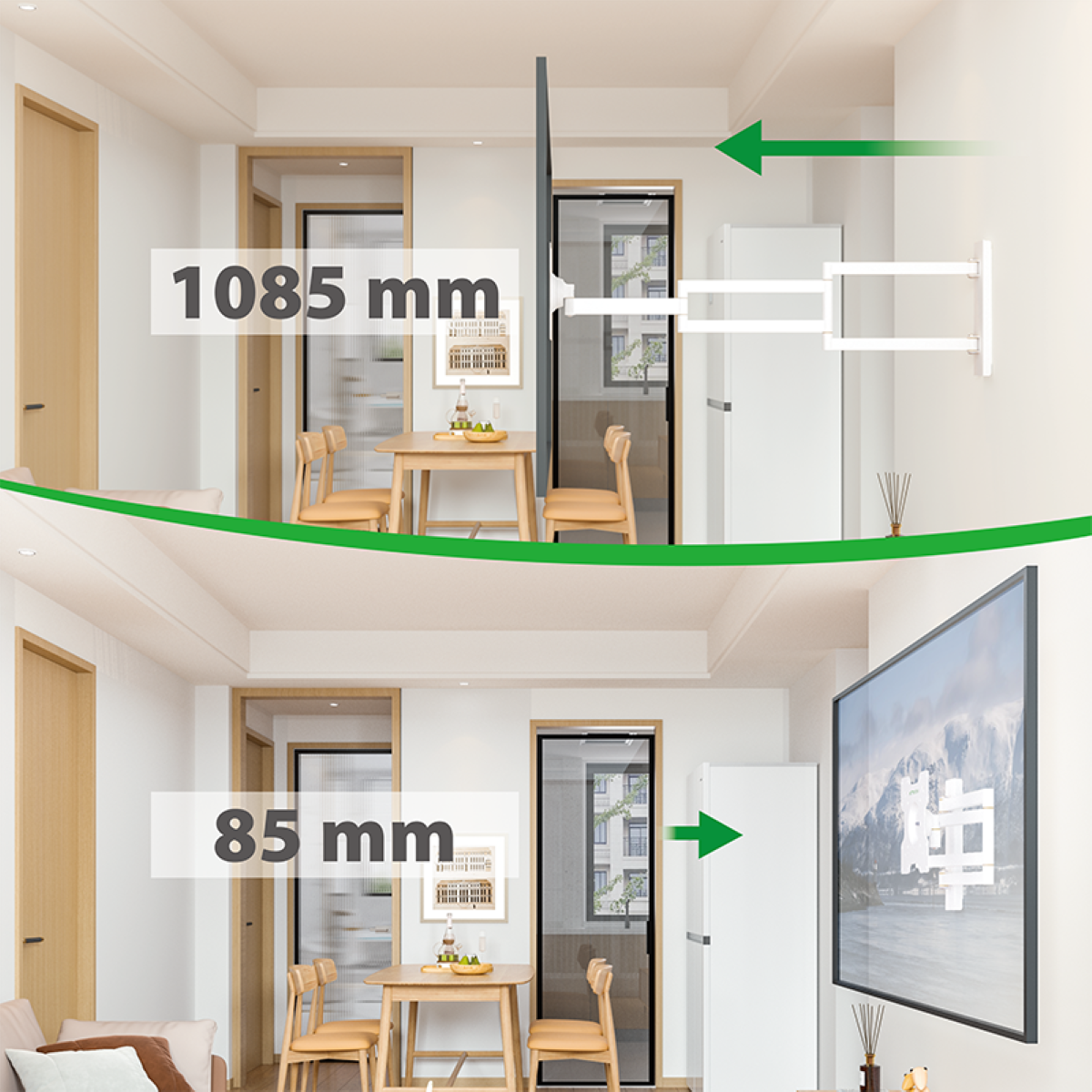 Ein an der Wand montierter Fernseher, der zwei verschiedene Wandabstände zeigt.