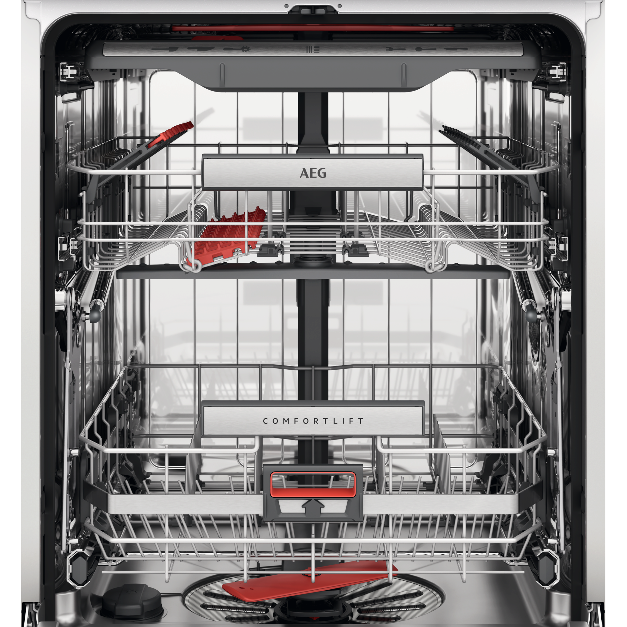 Open vaatwasser interieur met rekken en de labels 'AEG' en 'COMFORTLIFT'.