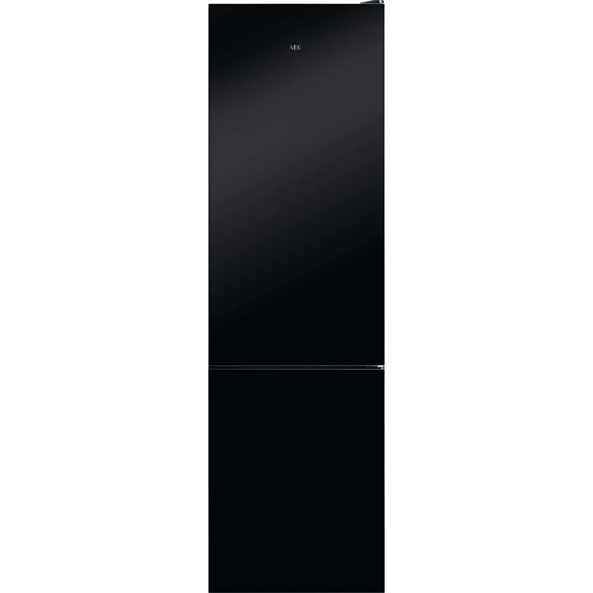 Refrigerador AEG negro, alto y elegante con dos compartimentos.