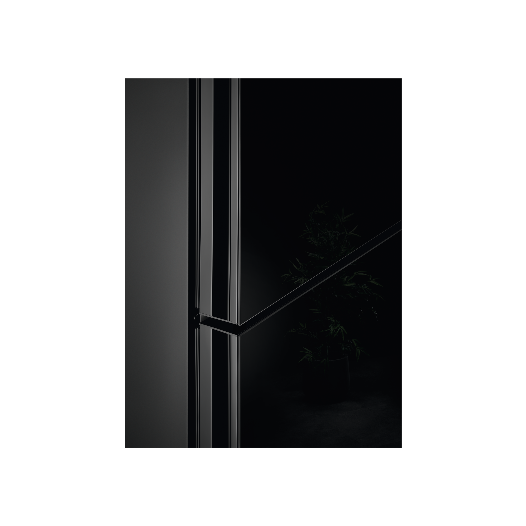 Una escena oscura y minimalista con una puerta de ducha de cristal y una planta pequeña.