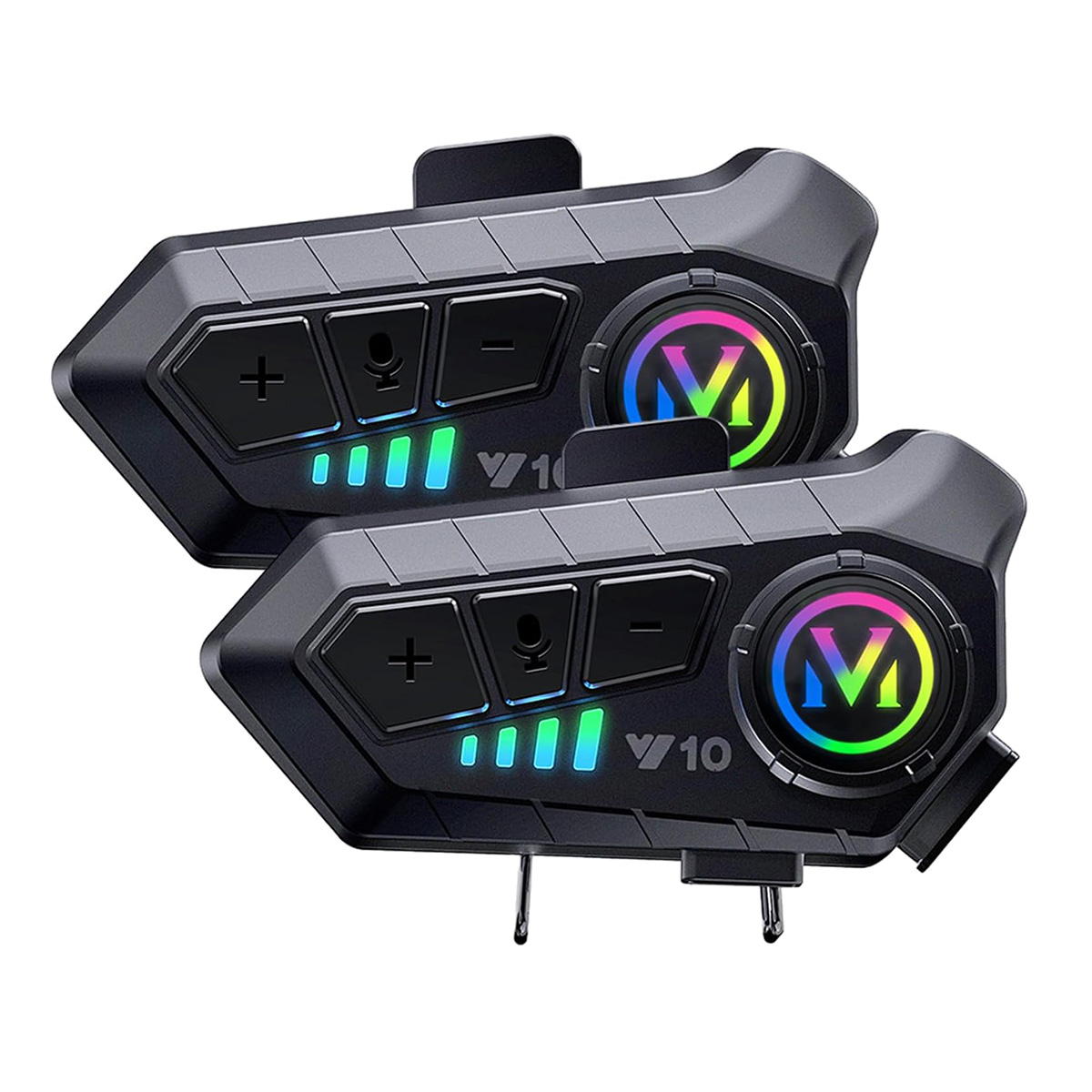 Dos dispositivos de comunicación para casco de motocicleta negros con luces y botones de colores, uno al lado del otro.