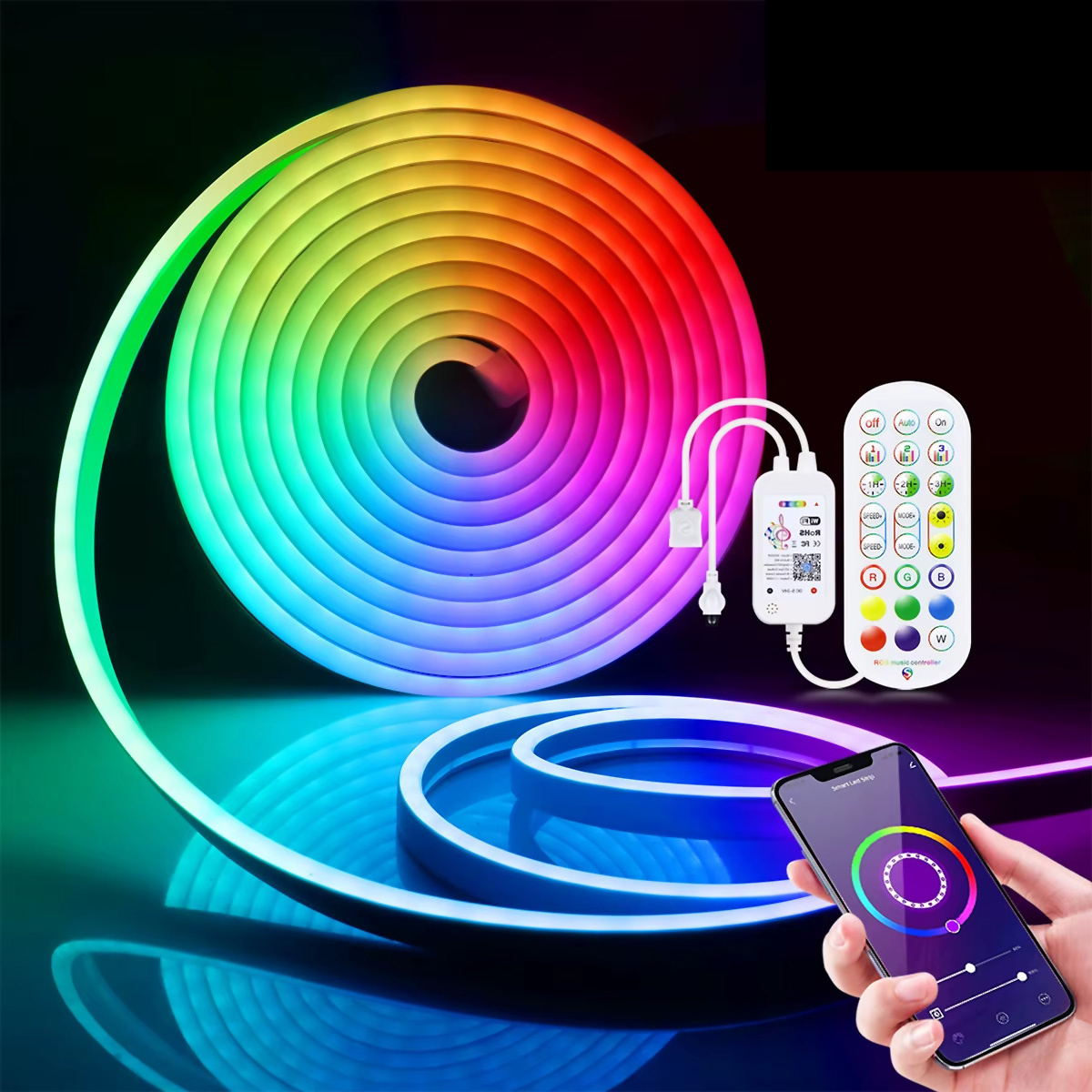 Tira LED colorida en espiral y un mando a distancia. Un teléfono muestra una app de rueda de color.