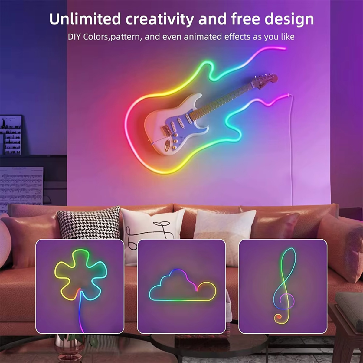 Guitarra de neón en una pared, tres formas de neón debajo, un sofá rojo y una pared morada con texto.