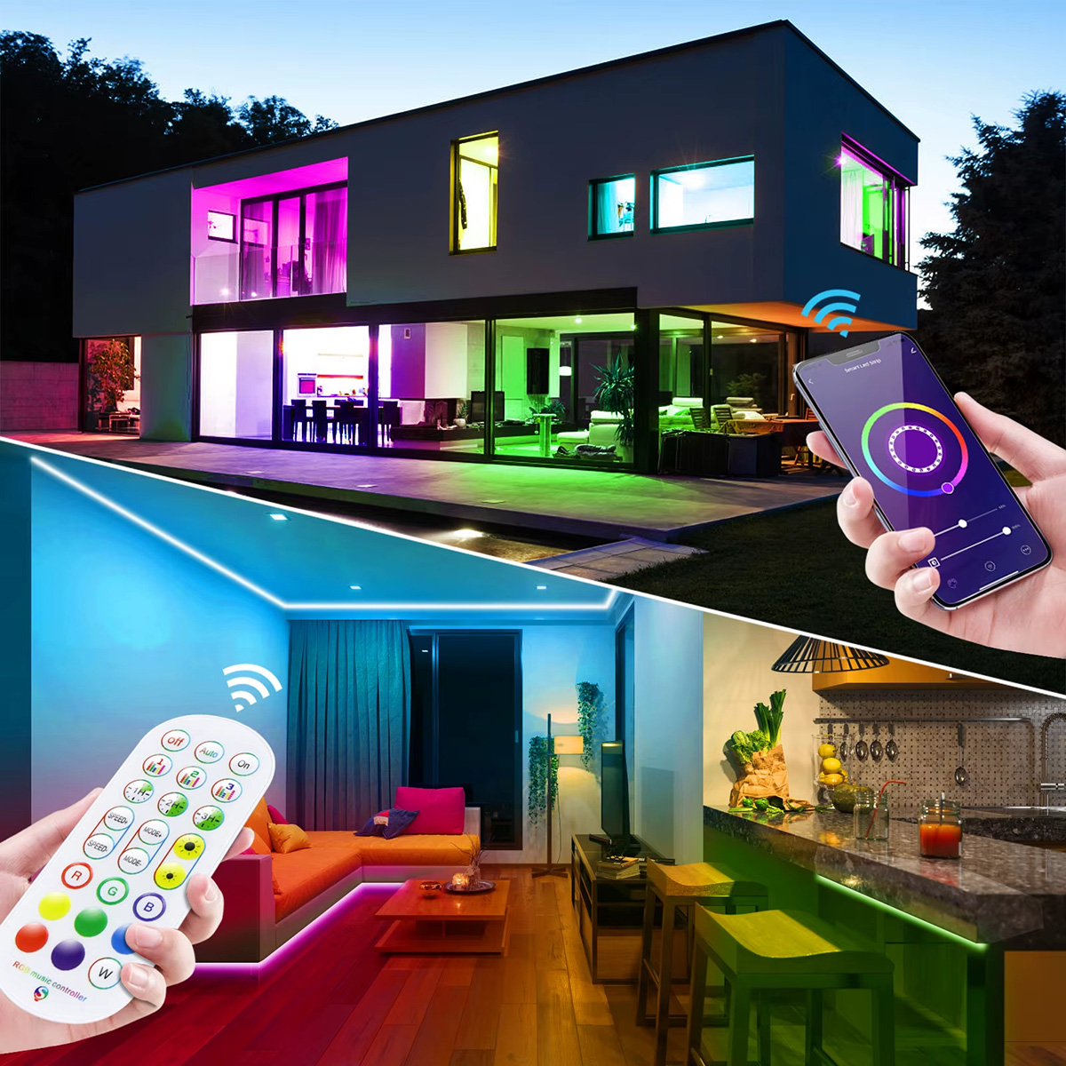 Casa con iluminación inteligente colorida. Una mano controla las luces.