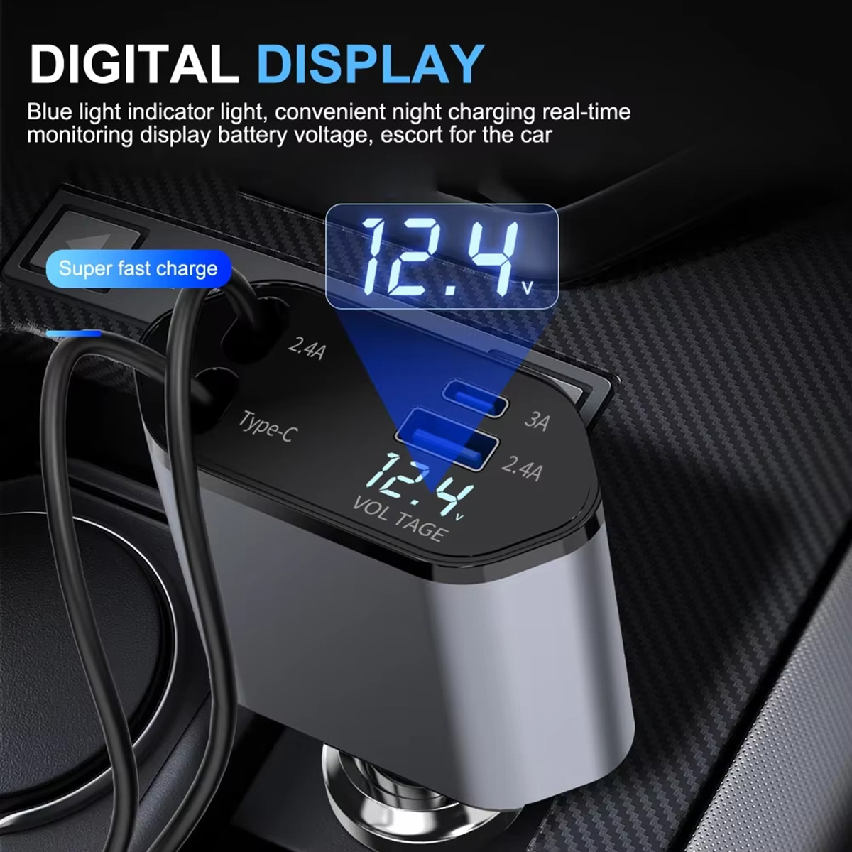 Cargador de coche con pantalla digital. Muestra el voltaje y los puertos de carga. Diseño negro y gris.