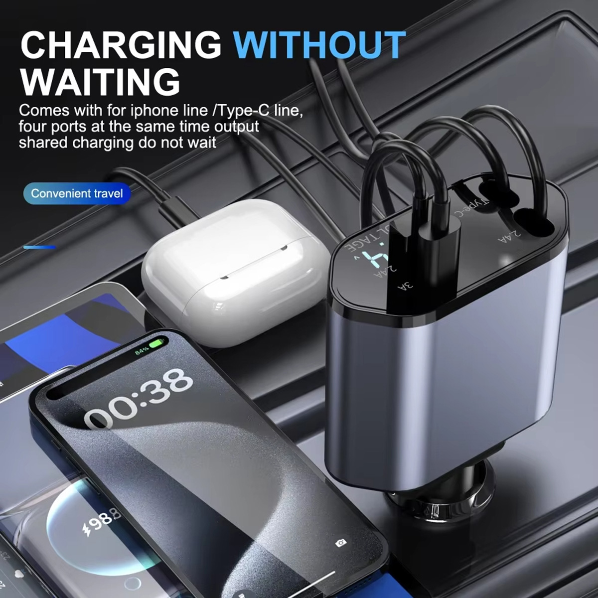 Una estación de carga con múltiples dispositivos conectados. Teléfonos, auriculares y cargador.