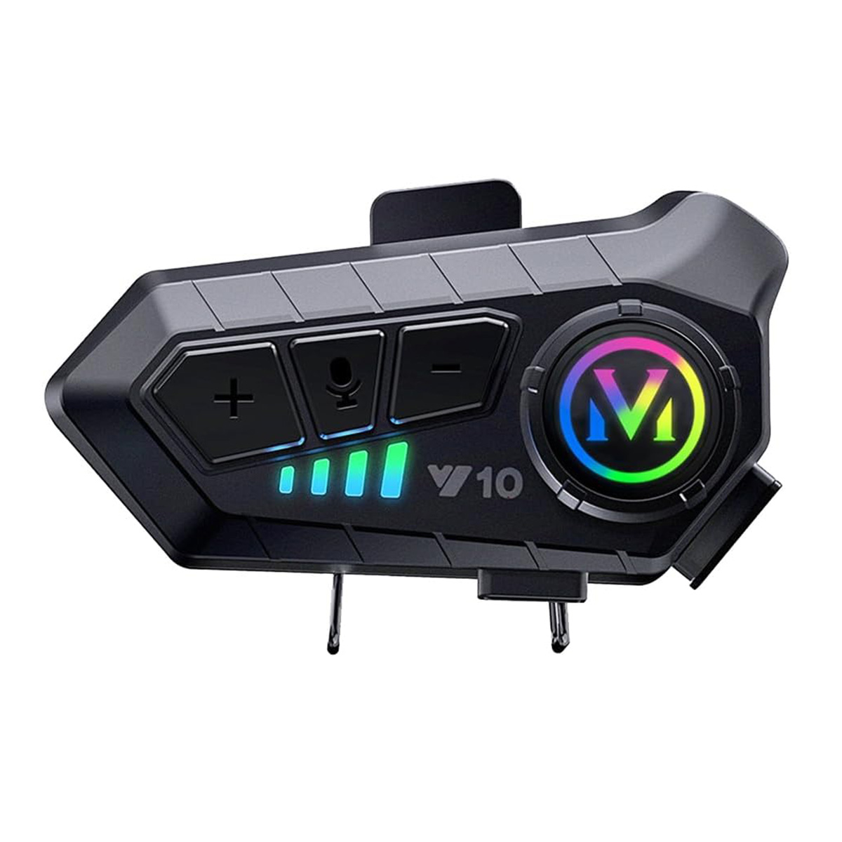Sistema de intercomunicación para casco de motocicleta. Dispositivo negro con botones y anillo de luz de color.