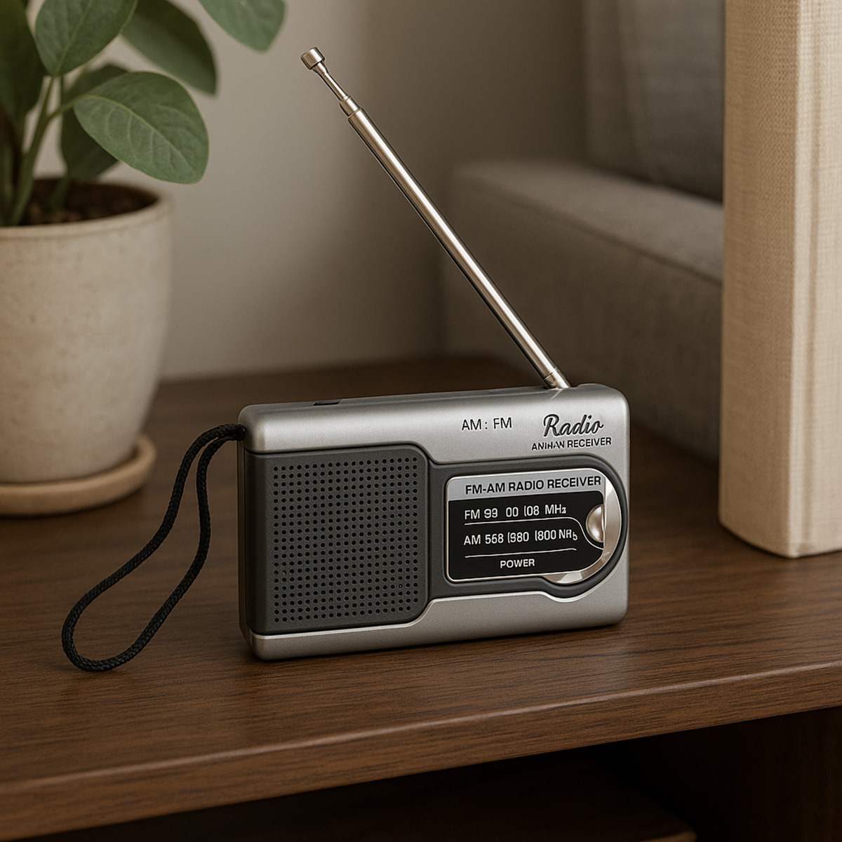 Radio plateada con altavoz y antena negros. Sobre una superficie de madera marrón.
