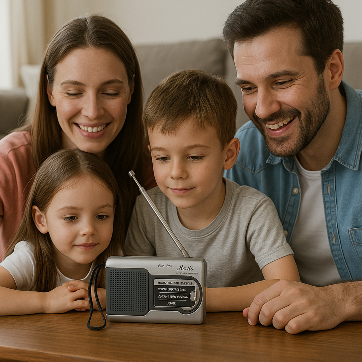 Una familia de cuatro mirando una pequeña radio plateada sobre una mesa.