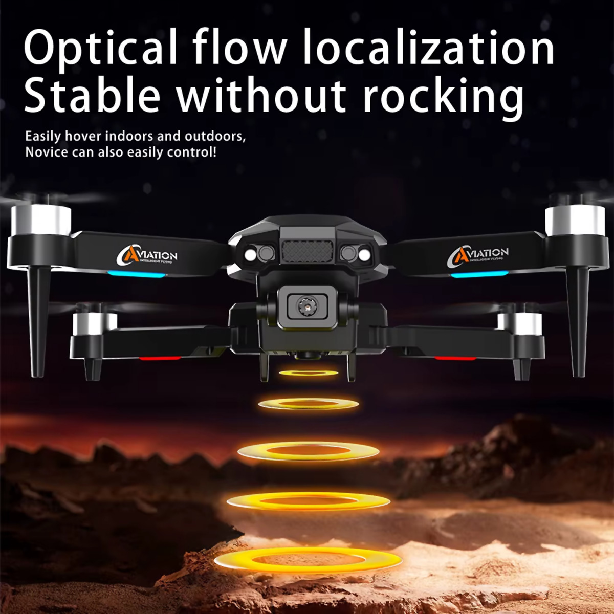 Un dron negro con cuatro brazos y una cámara, con anillos naranjas debajo, contra un cielo oscuro.