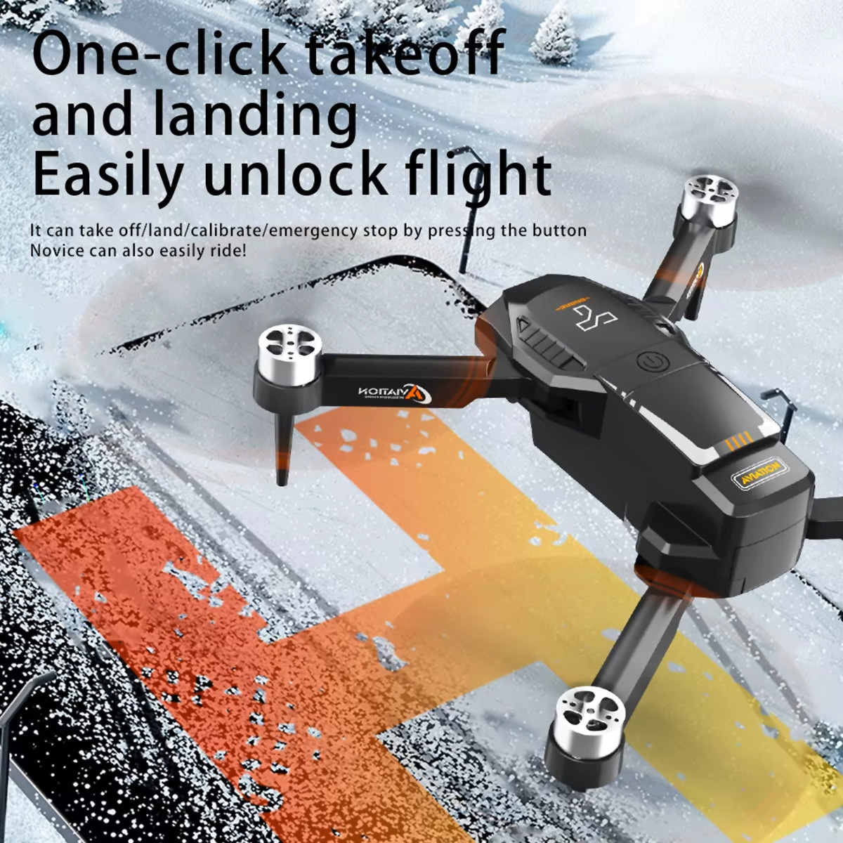 Un dron negro en el aire. Nieve y líneas naranjas y amarillas en el fondo.