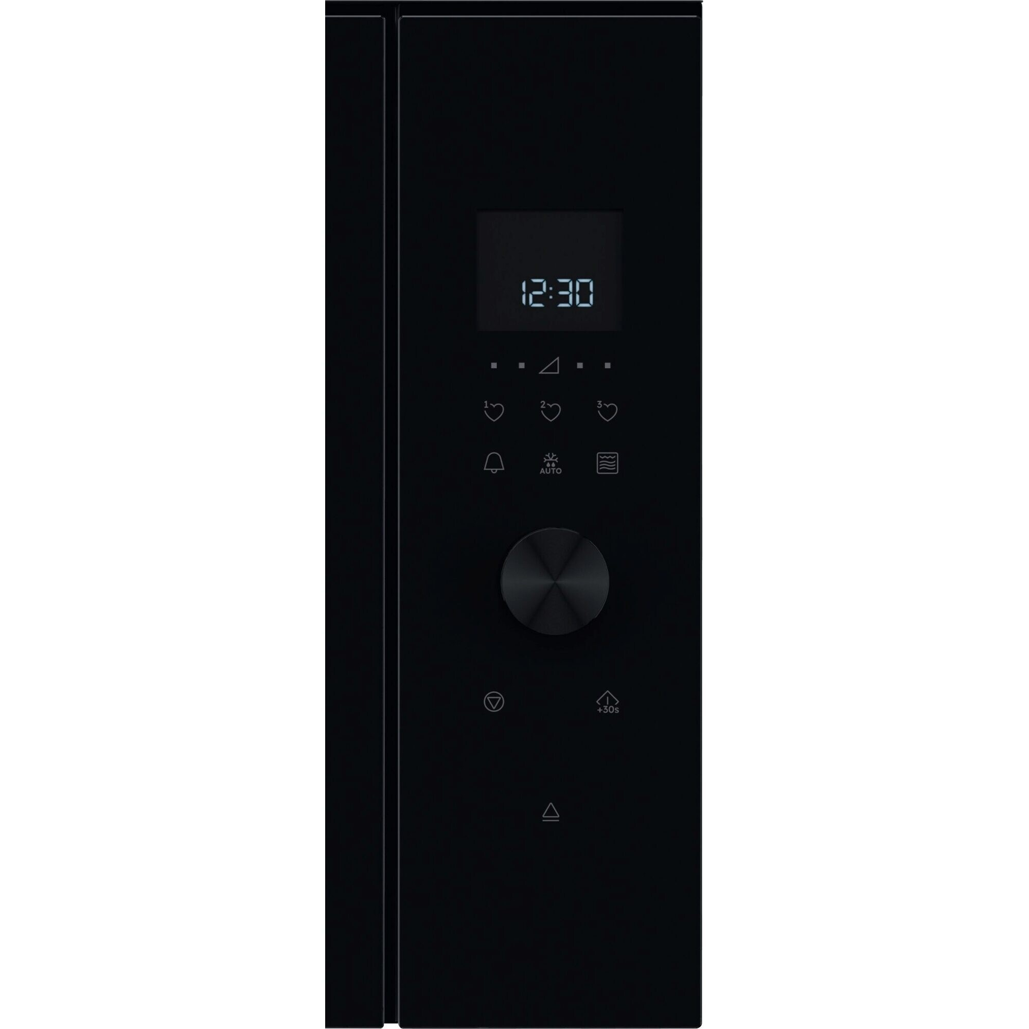 Panel de control de microondas negro con reloj digital y botones.