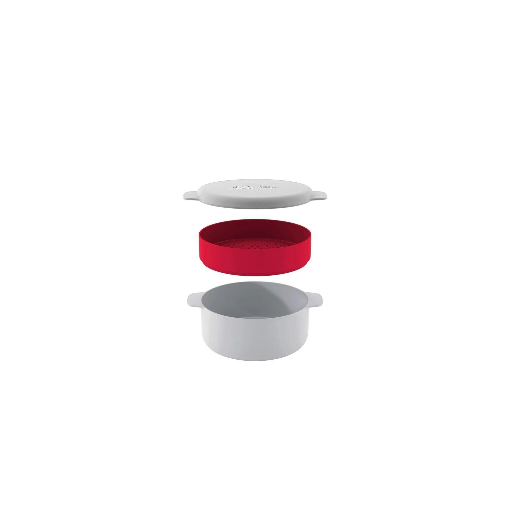 Contenitore da cucina bianco e rosso, tre parti. Sfondo bianco.