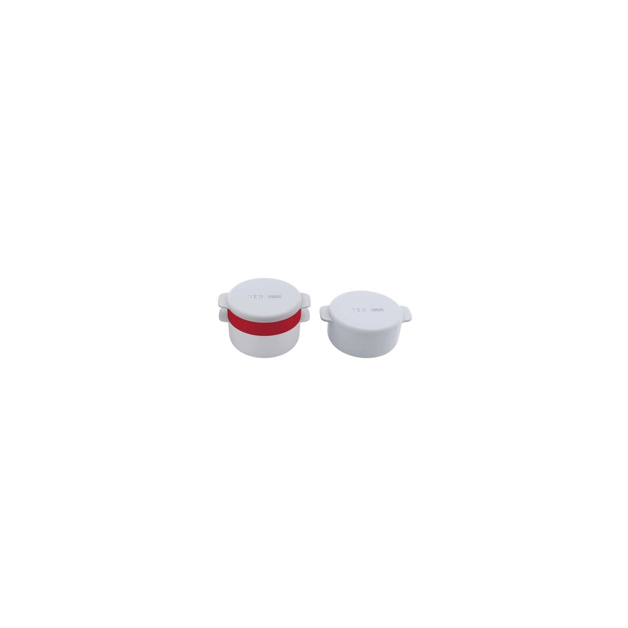 Due contenitori bianchi con fasce rosse. Sfondo bianco.