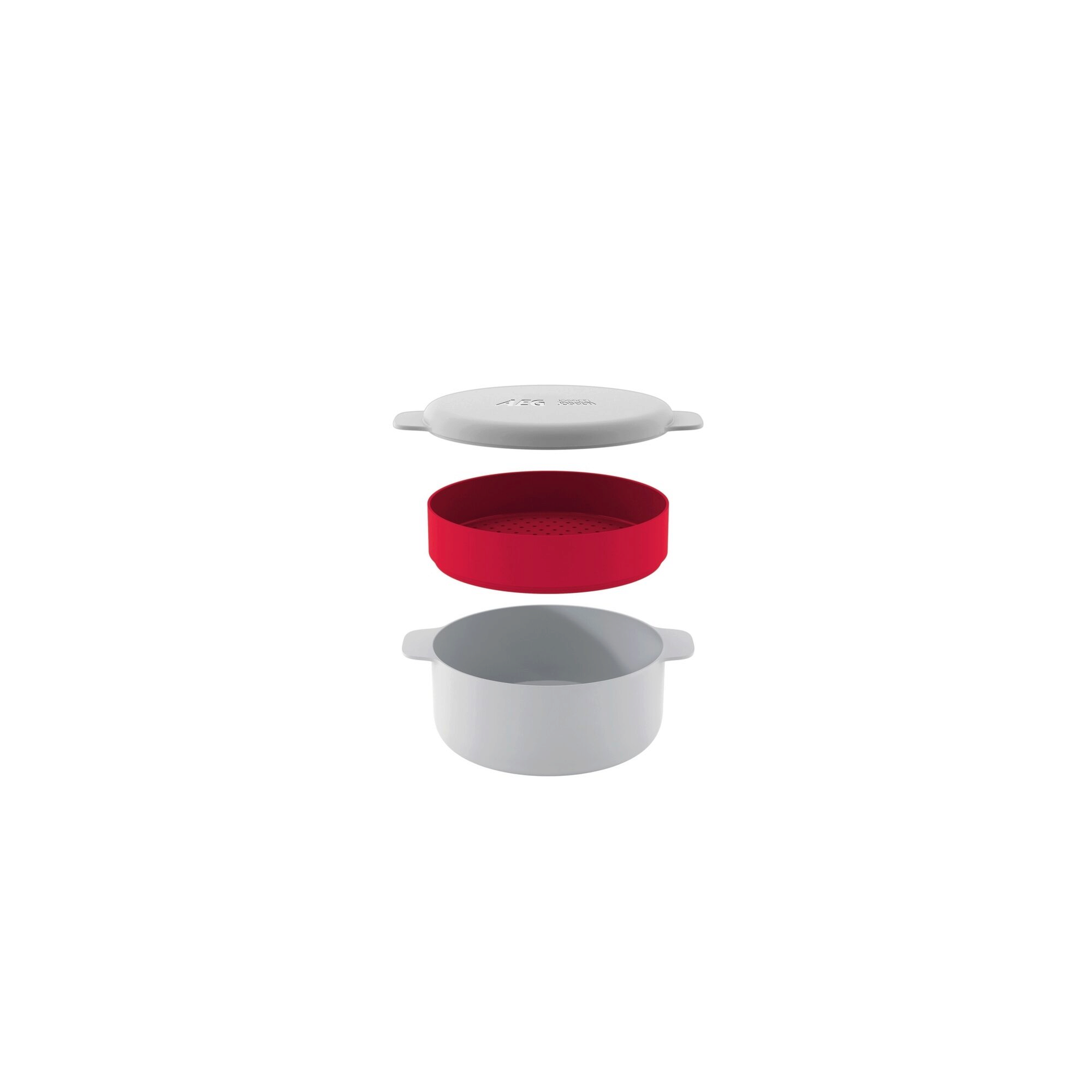 Juego de ollas blanco y rojo, desmontado. Fondo blanco.