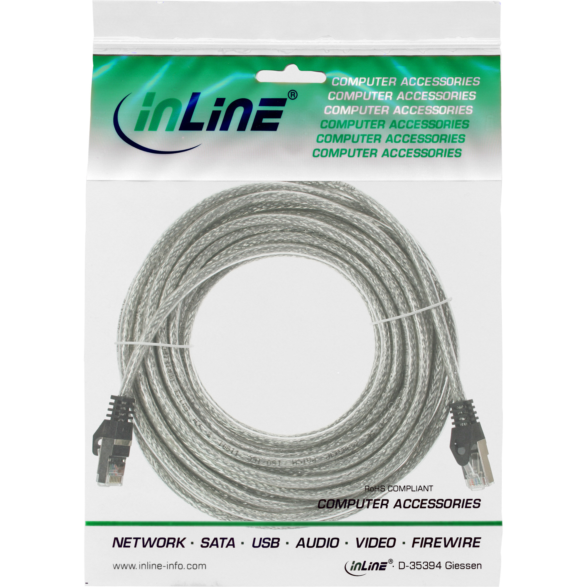 Confezione cavo InLine con cavo argentato arrotolato all'interno.