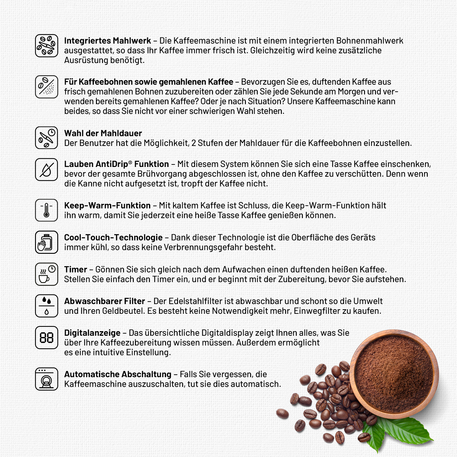 Ekspres do kawy: młynek, do ziaren/mielonej, aromat, wybór, anty-kap, utrzymanie ciepła, chłodny dotyk, timer, filtr, automatyczne wyłączenie.