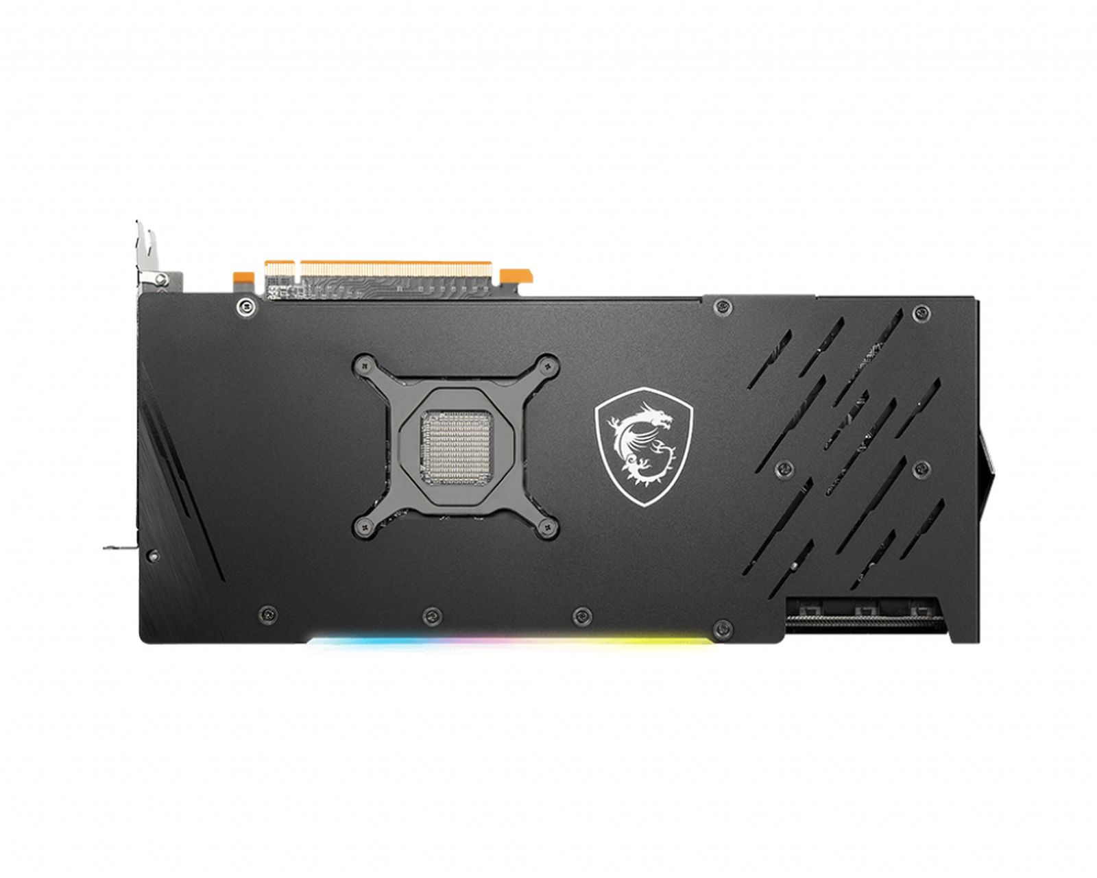 Scheda grafica MSI con retro nero. Il logo del drago è visibile.