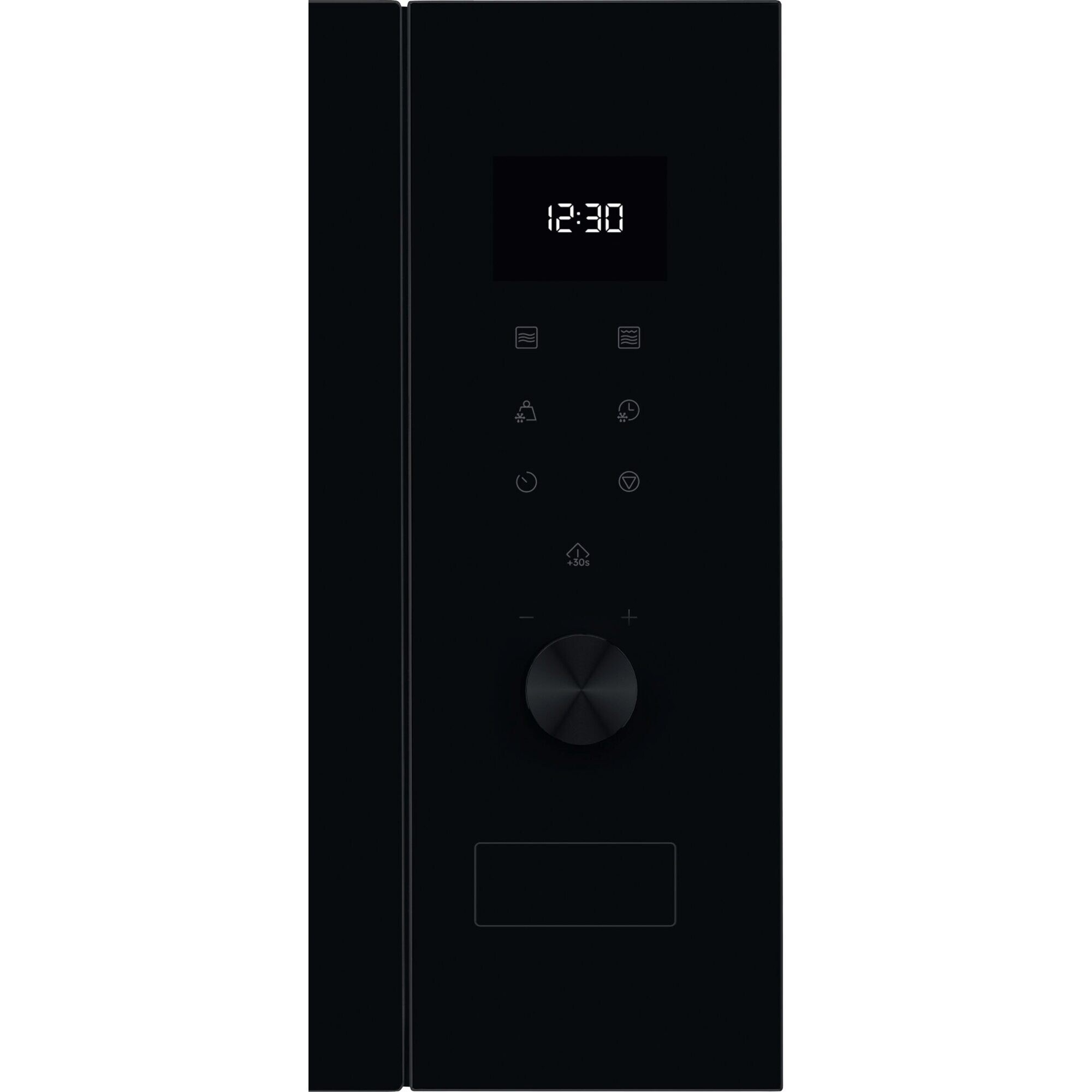 Czarny front mikrofalówki z cyfrowym wyświetlaczem i pokrętłem sterowania.