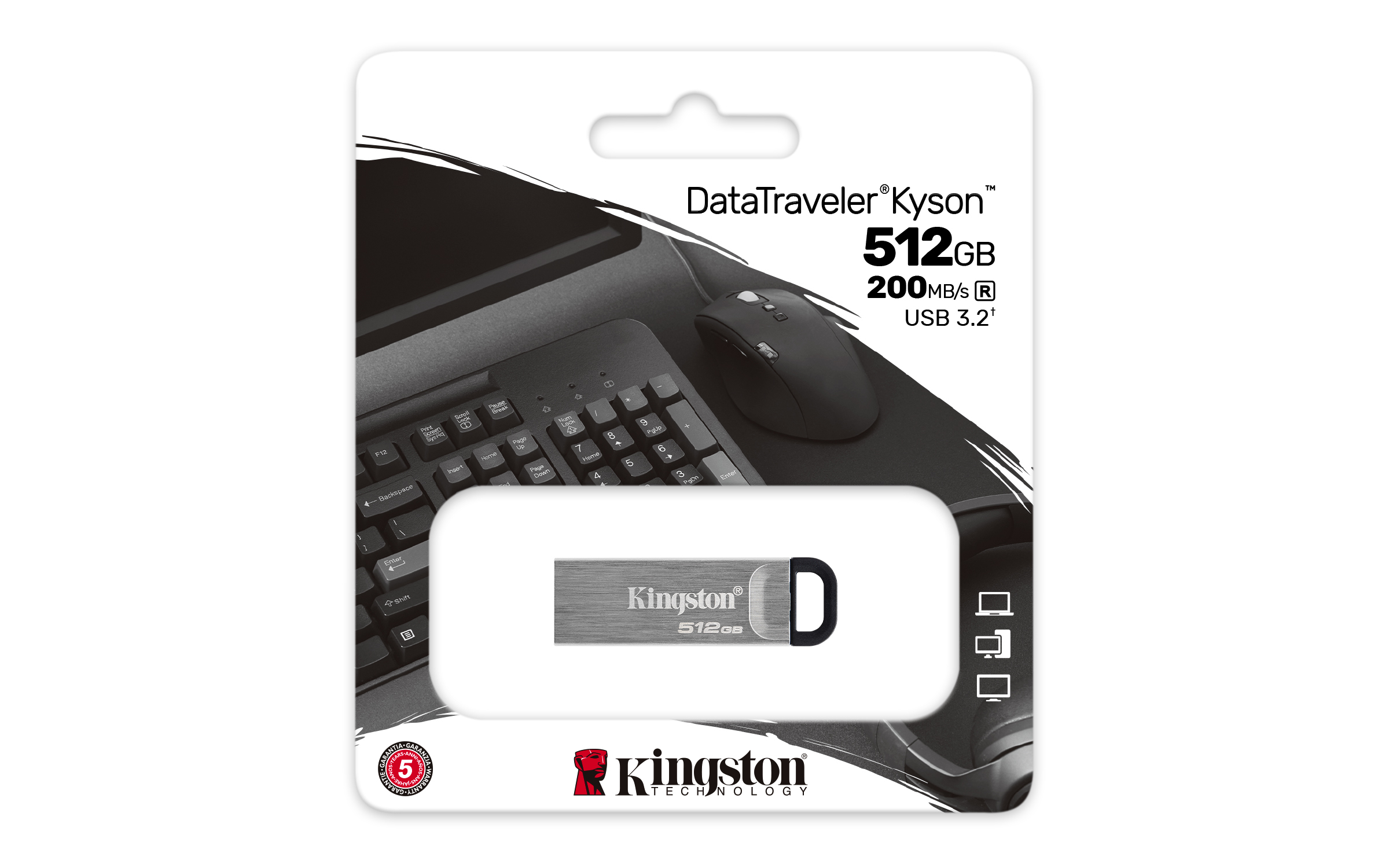 Pendrive Kingston DataTraveler Kyson 512GB w opakowaniu, z klawiaturą i myszą.