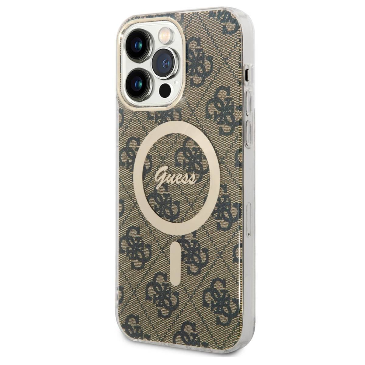 Etui na iPhone z brązowym wzorem Guess na białym tle.