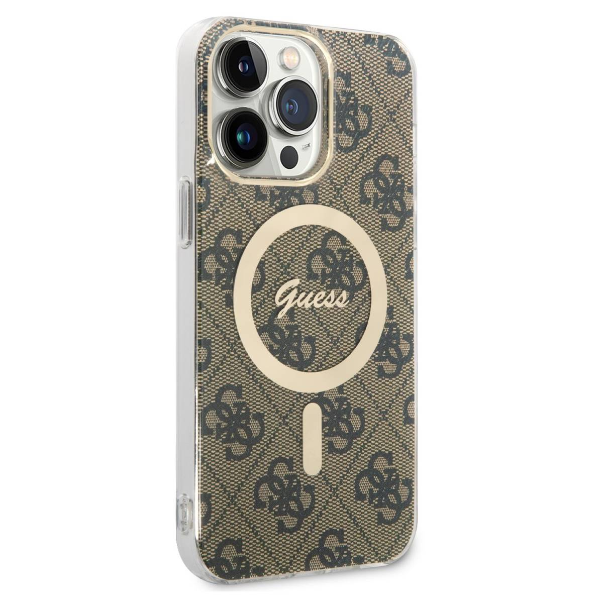 Etui na telefon z brązowym wzorem i logo Guess.