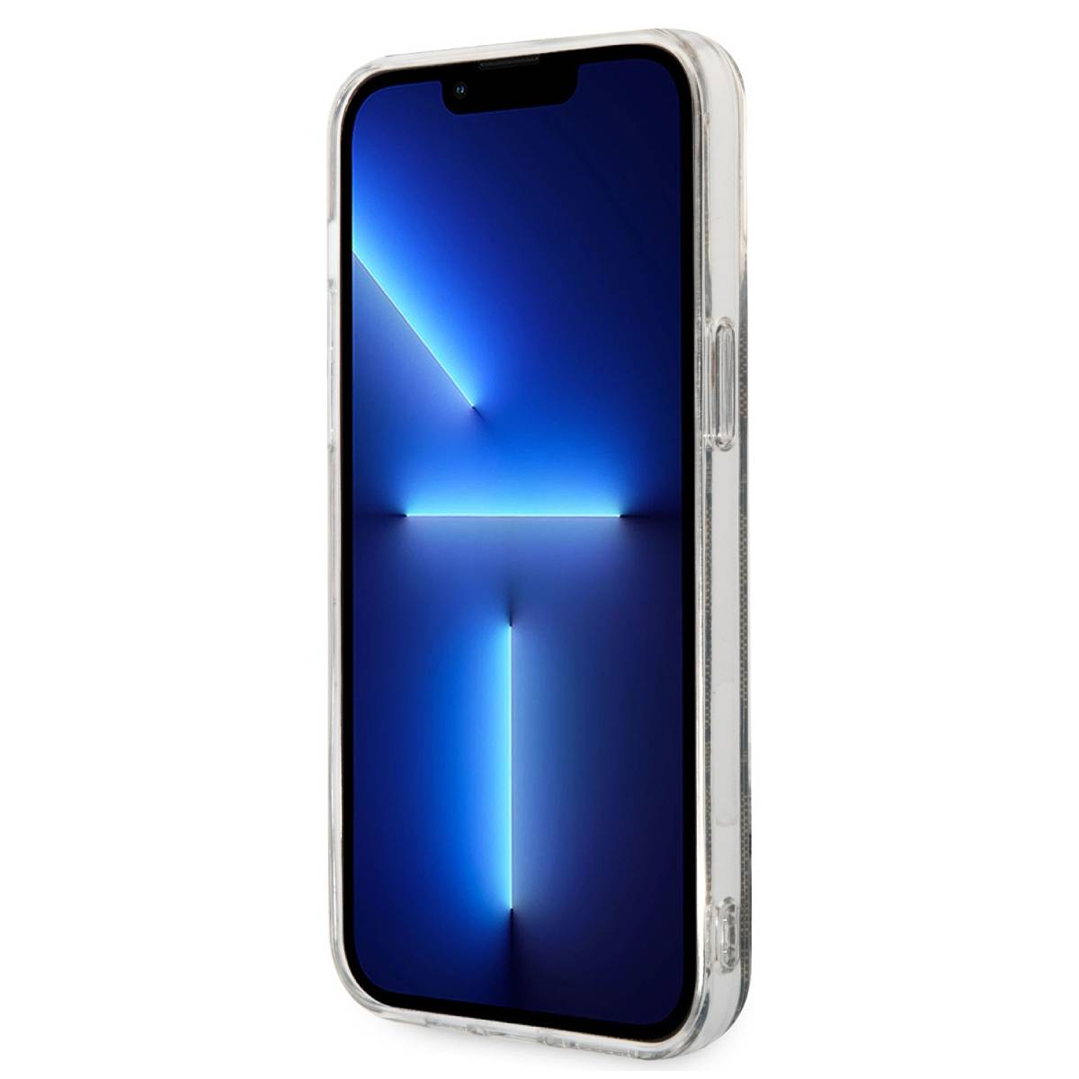 iPhone w przezroczystym etui ochronnym, widoczny ekran.