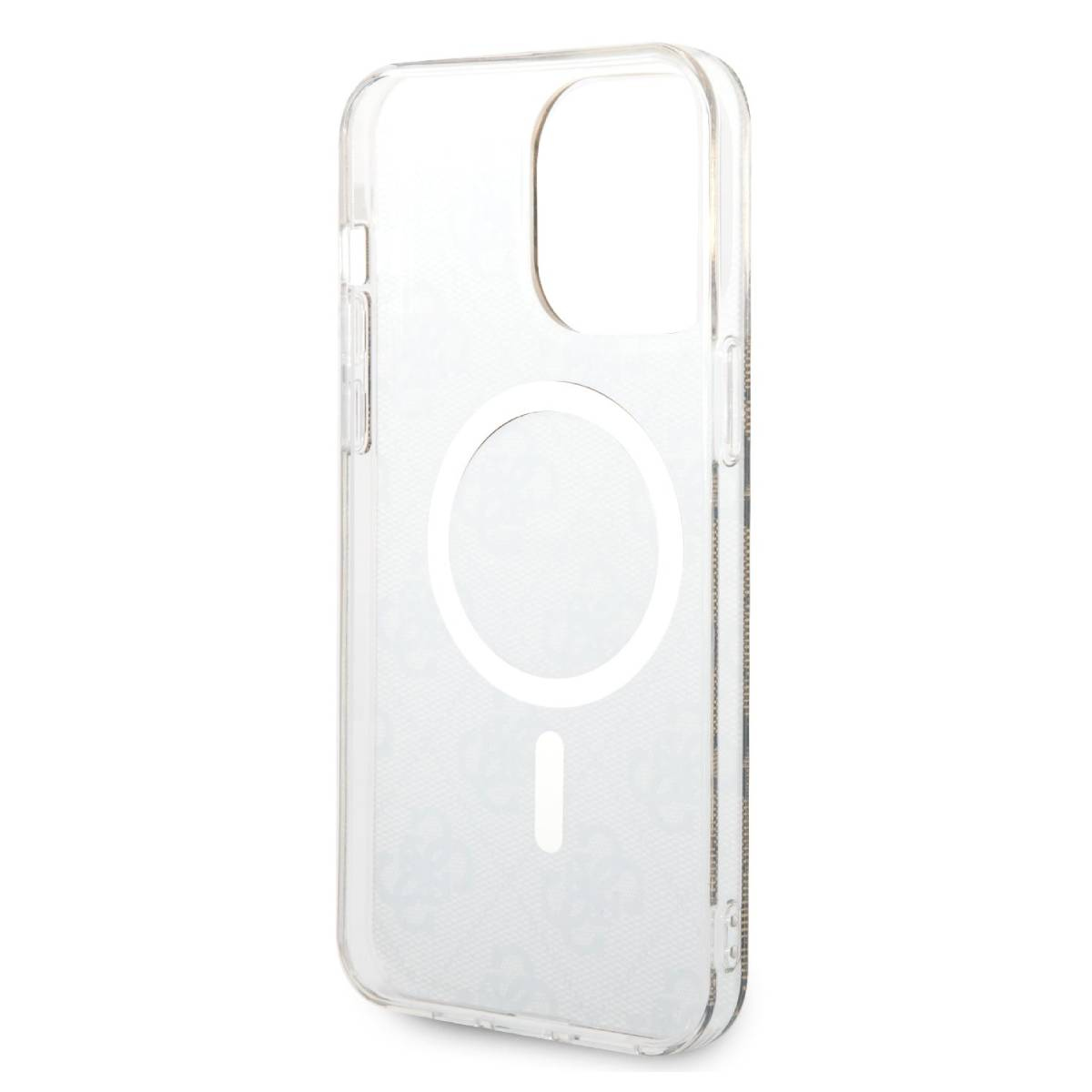 Przezroczyste etui na telefon z białym okręgiem i linią. Etui ma wzór i otwór na aparat u góry.